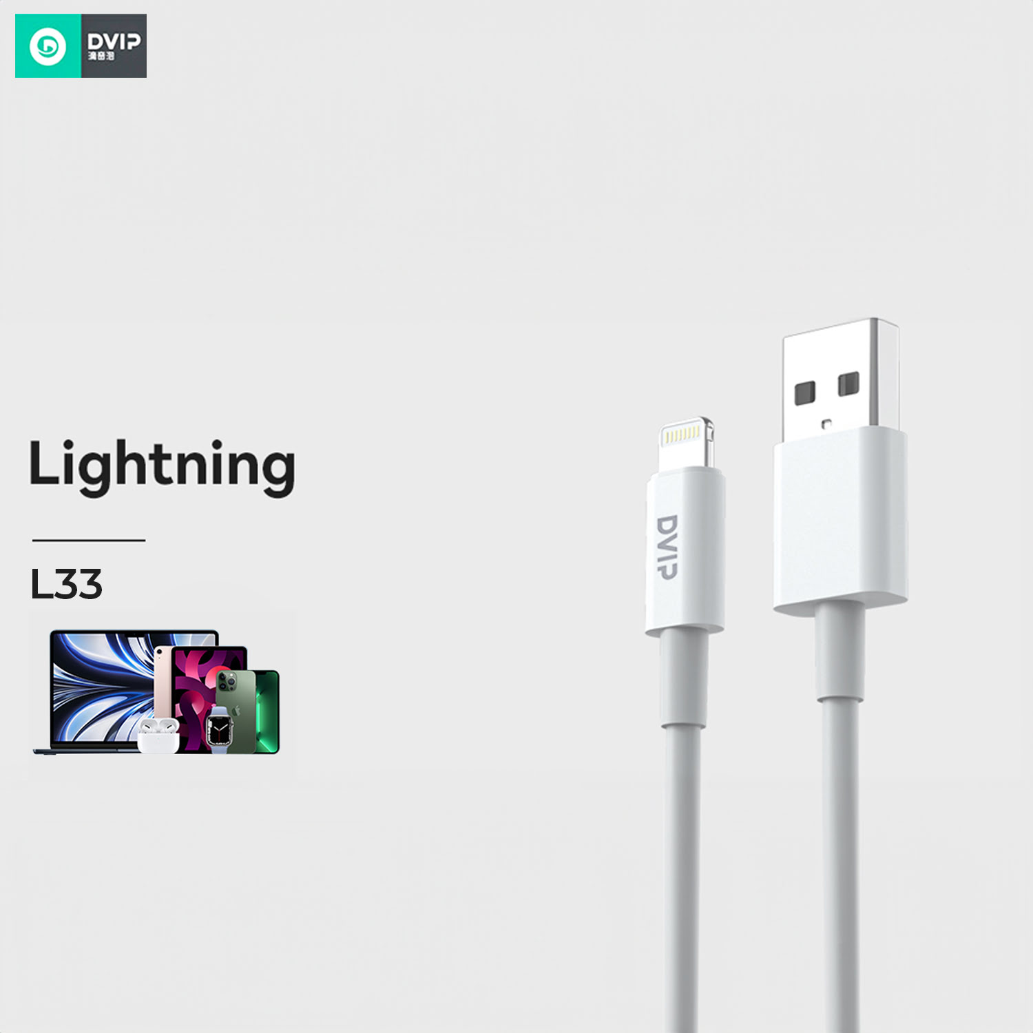USB konektörlü beyaz Lightning kablosu, yanında iPhone'lar, AirPods ve Apple Watch.