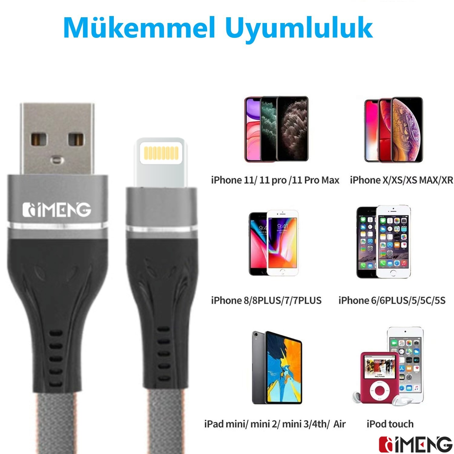 USB ve Lightning konnektörlü şarj kablosu, iPhone, iPad ve iPod touch yanında.