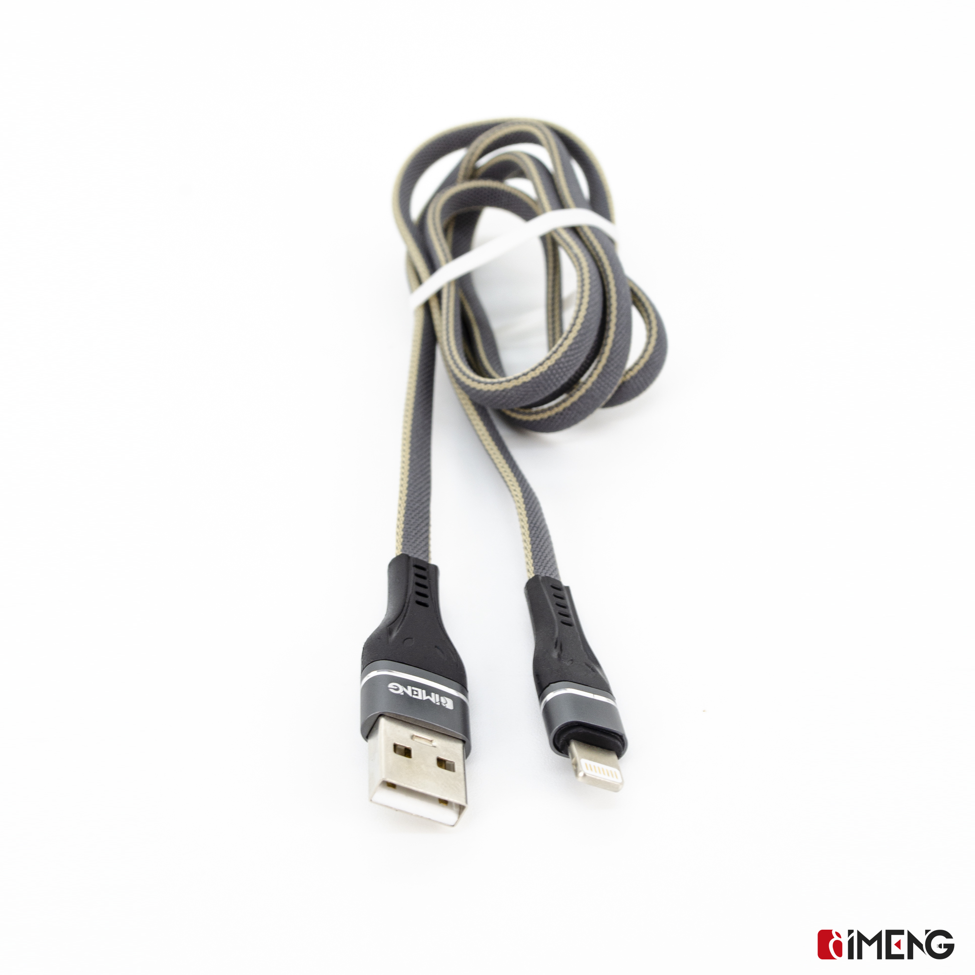 Gri ve bej USB kablosu, yıldırım konektörlü, beyaz zeminde.