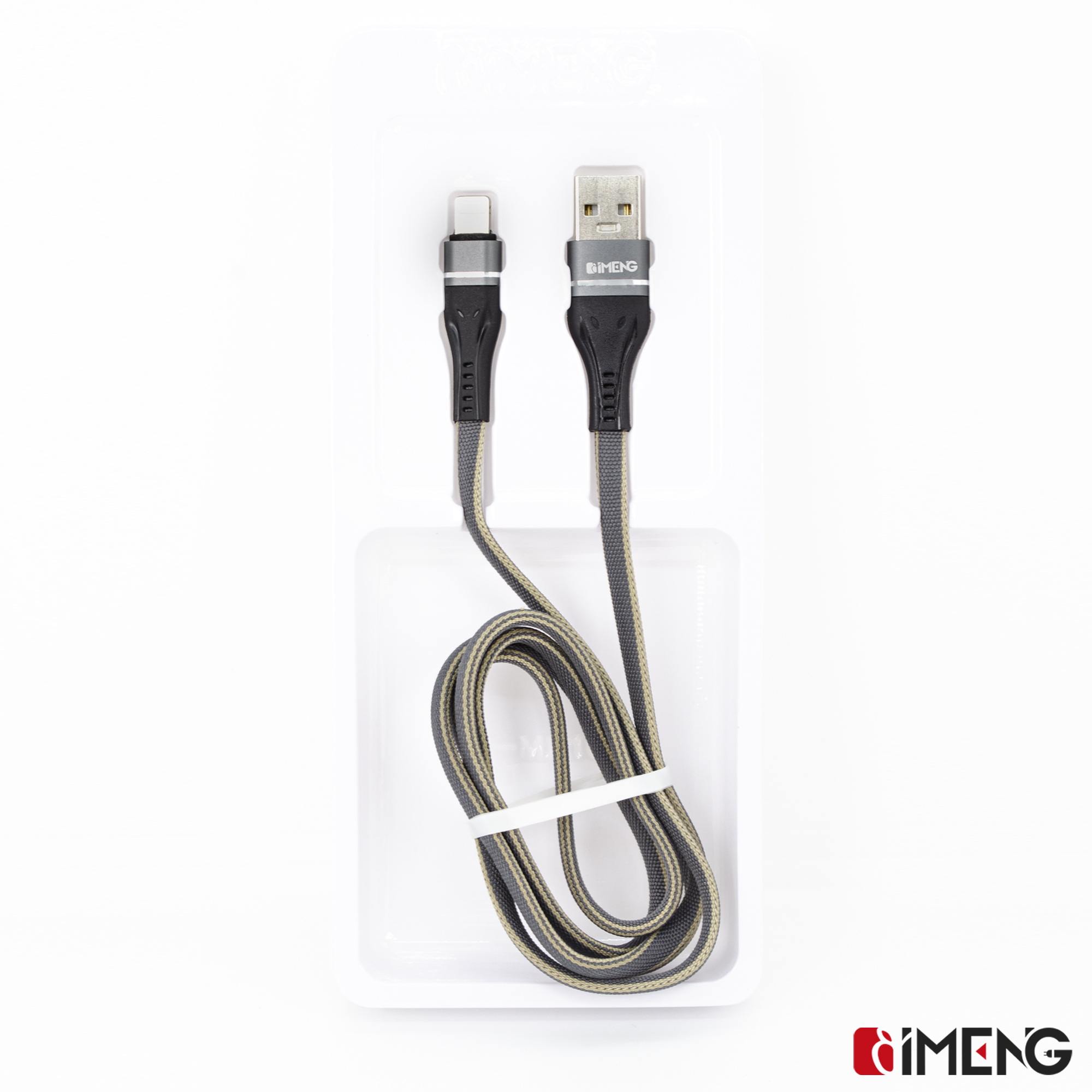 Gri ve altın rengi USB-C kablosu siyah konektörlü, ambalajında.