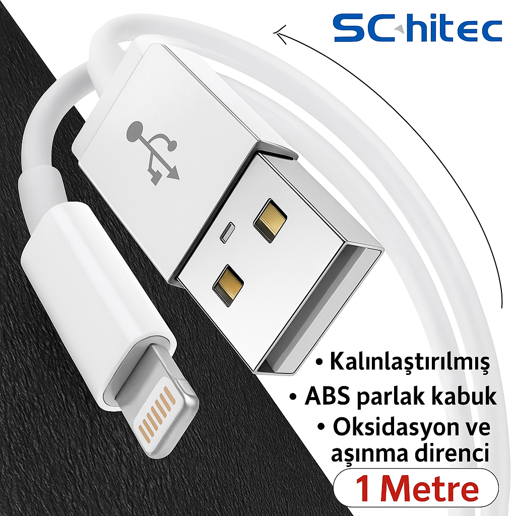 Altın kontaklı ve "Schitec" logolu beyaz USB - Lightning kablosu.