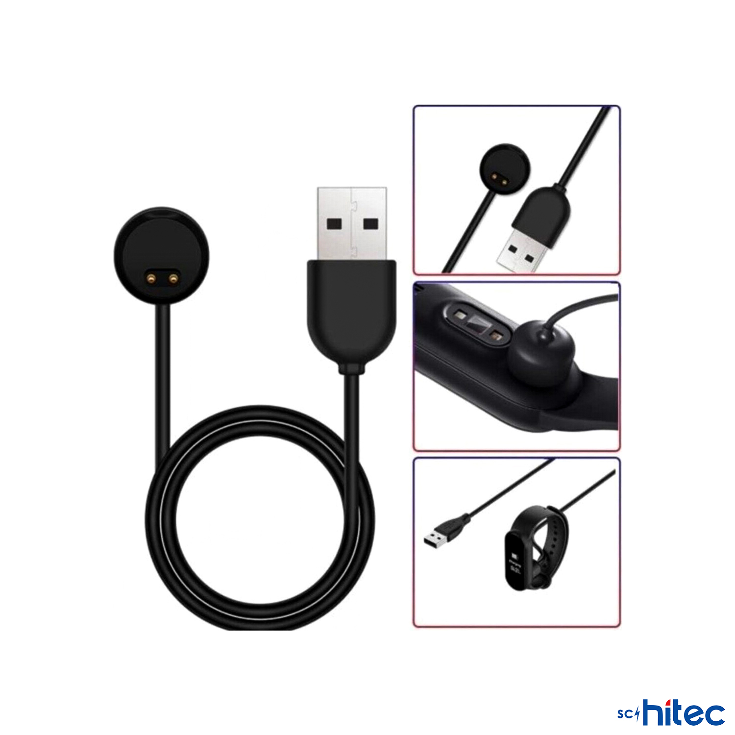 Fitness bilekliği için USB bağlantılı ve manyetik uçlu siyah şarj kablosu.