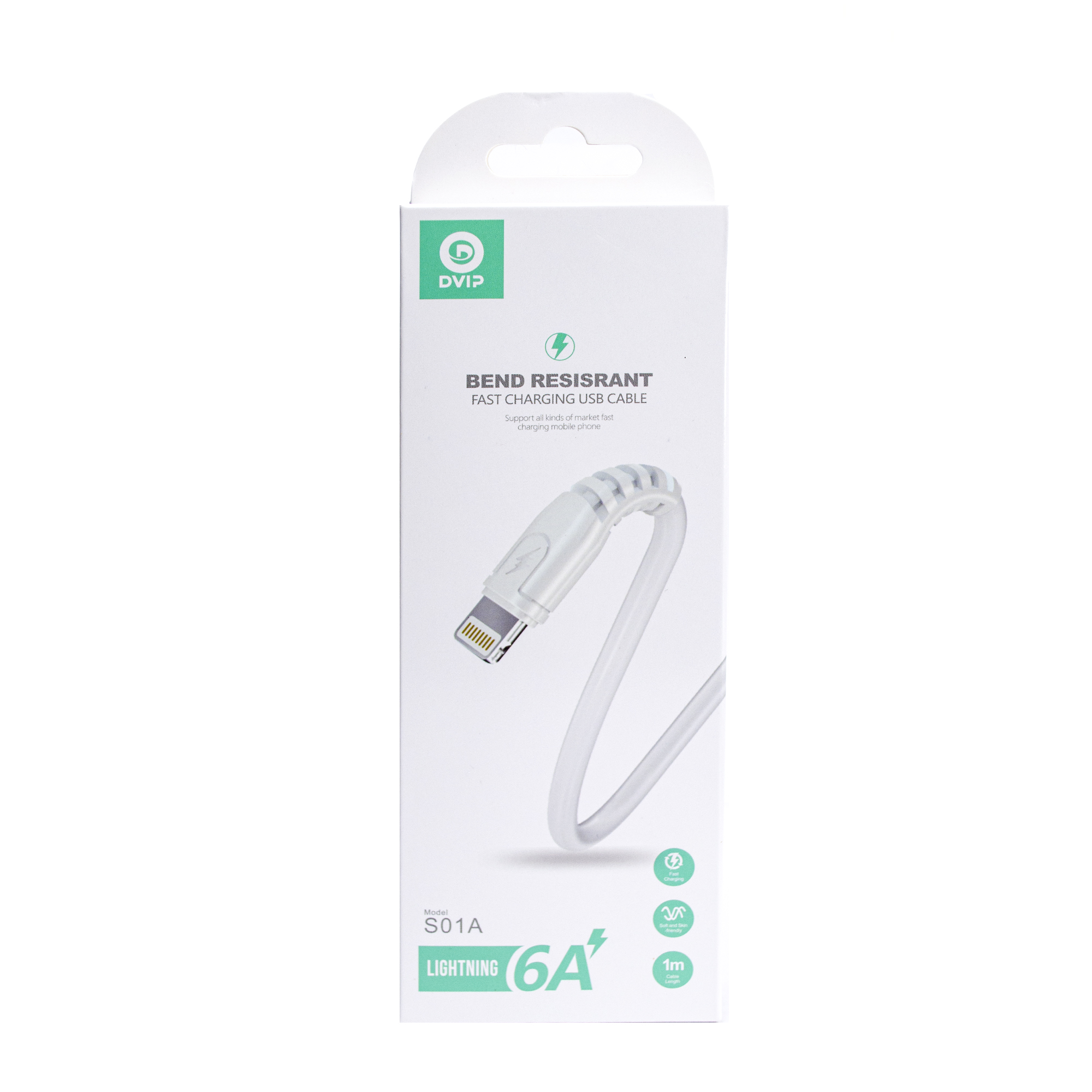 Beyaz Lightning USB kablosu ambalajı, model S01A, 6A, 1m.