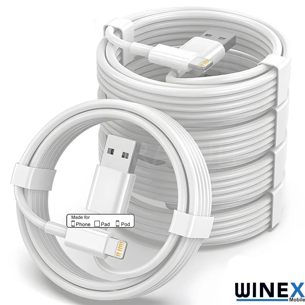 Beyaz USB-Lightning kabloları sarılı, önde ikisi görünür. WinEx logosu.
