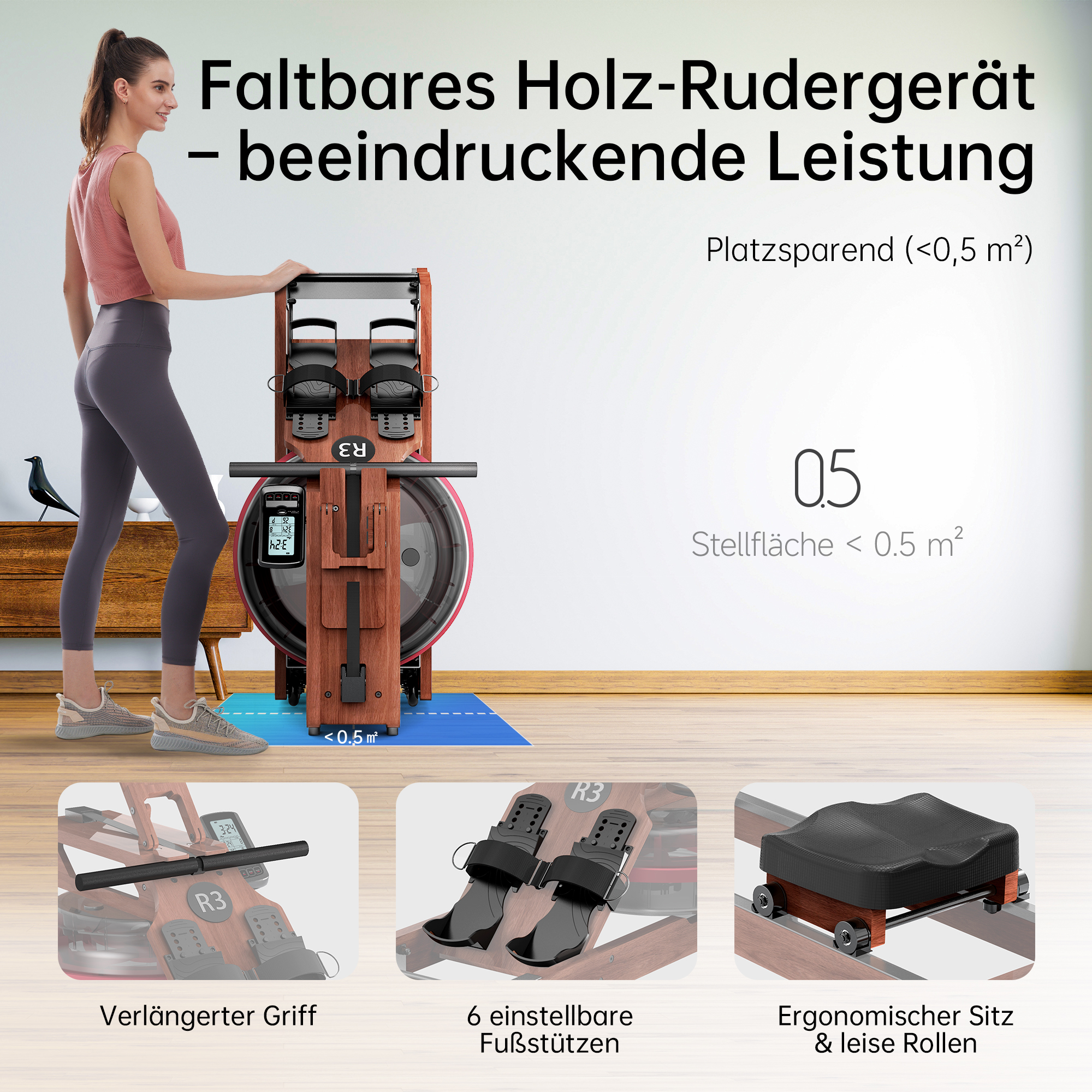 Frau steht neben klappbarem Holz-Rudergerät mit Display und Griff.