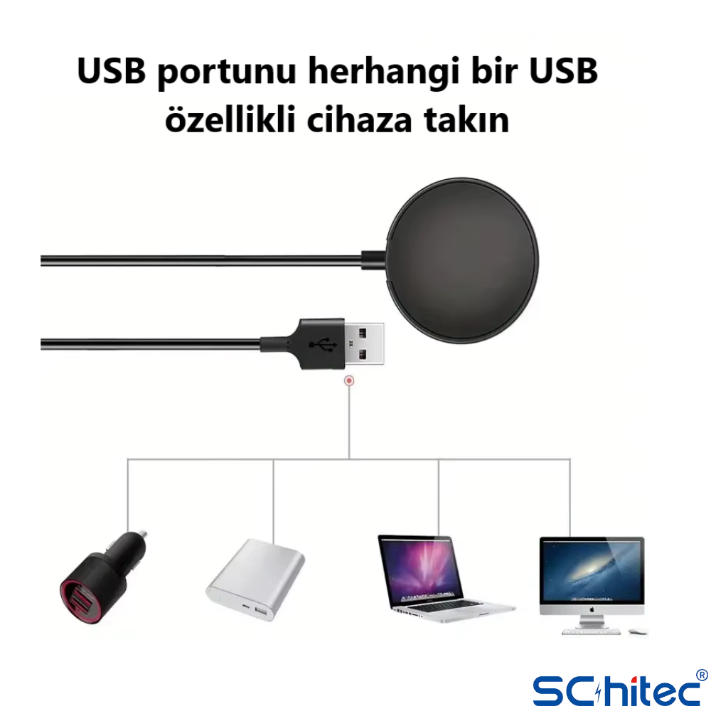 Yuvarlak siyah konektörlü ve USB-A fişli siyah USB kablosu.