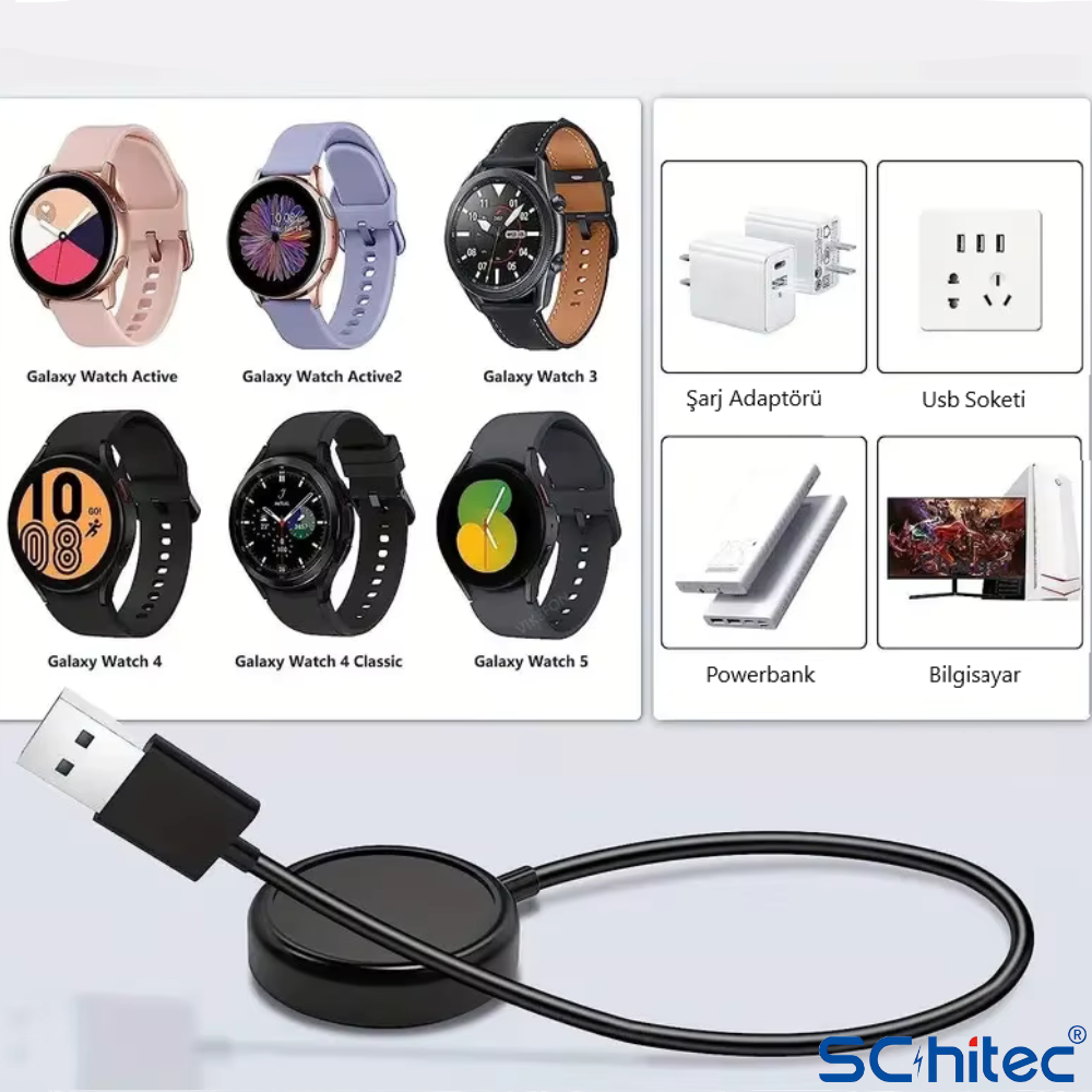 Çeşitli Samsung Galaxy saatler, şarj cihazları, powerbank ve PC bir masada.