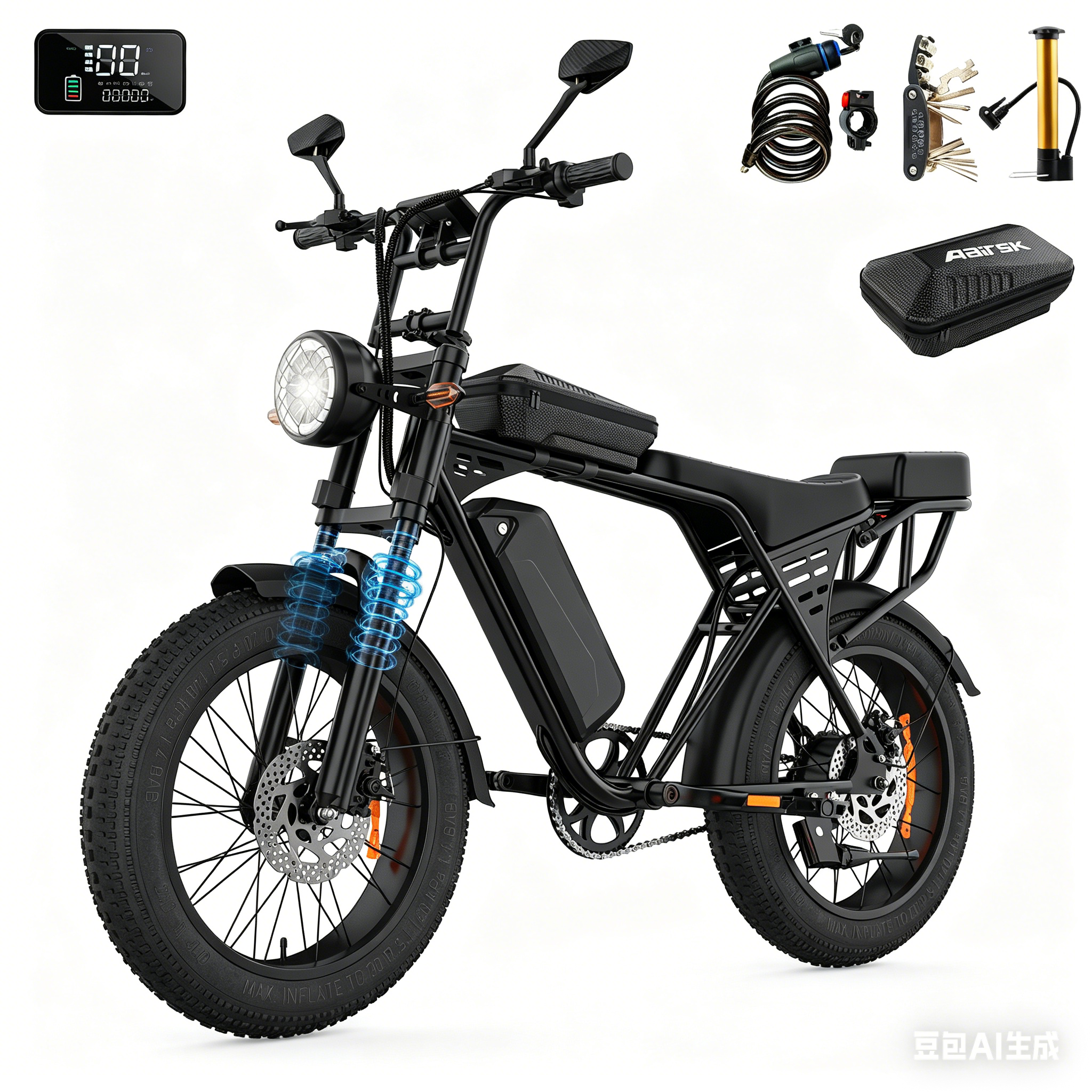 Bicicleta eléctrica negra con accesorios: candado, herramientas, bomba, bolsa.