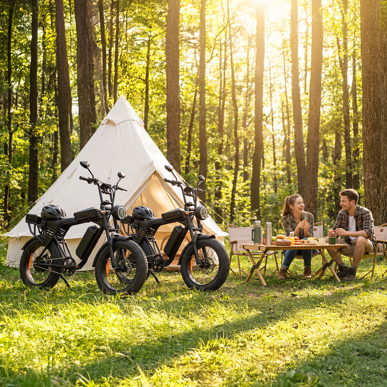 Pareja acampando con bicicletas eléctricas en bosque. Día soleado. Tienda y picnic.