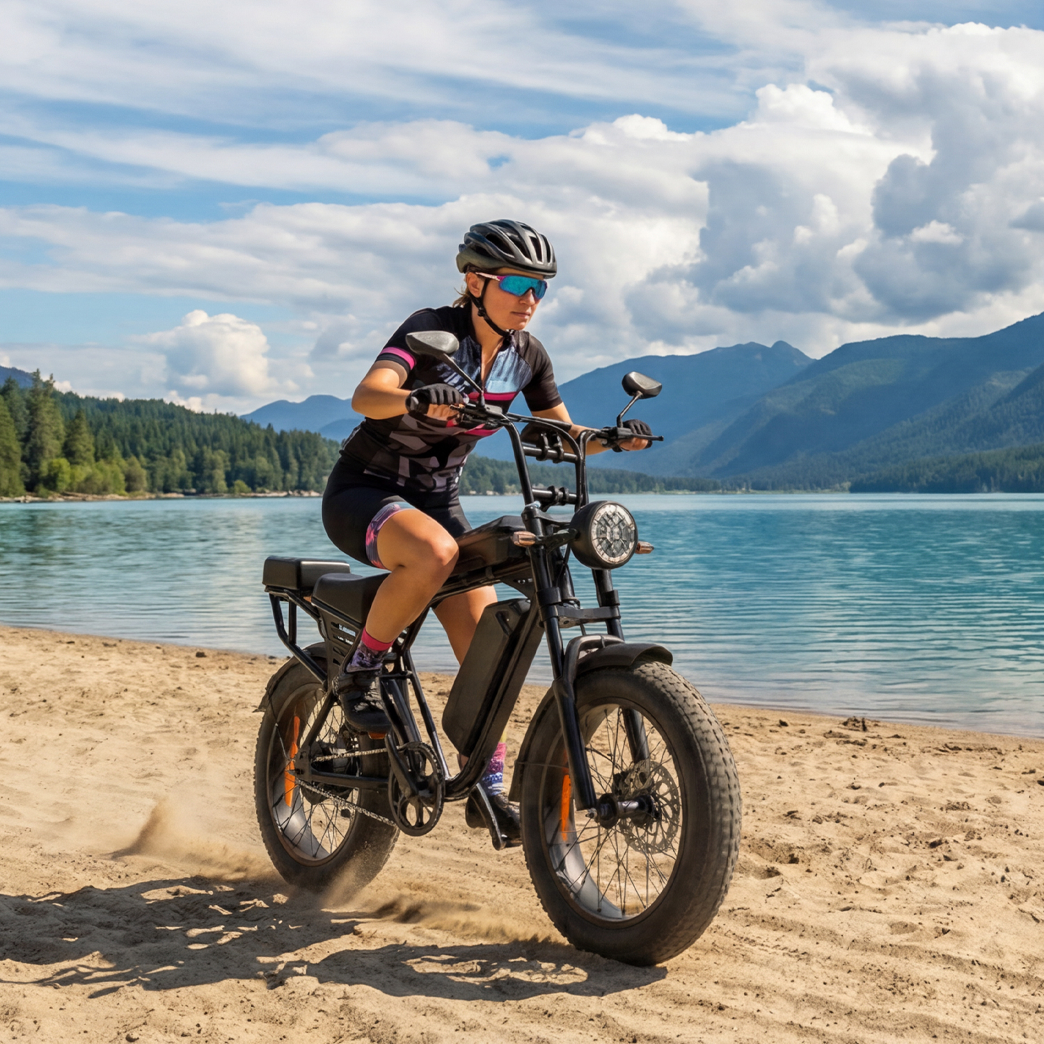 Frau fährt schwarzes E-Bike an einem Sandstrand nahe einem blauen See und Bergen.