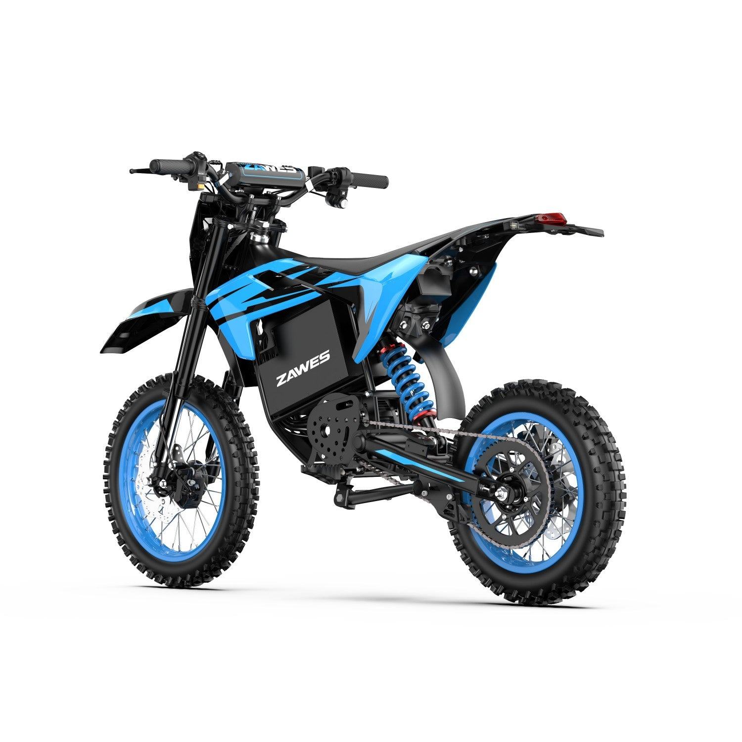 Una moto de cross eléctrica azul y negra con neumáticos de taco y llantas azules.