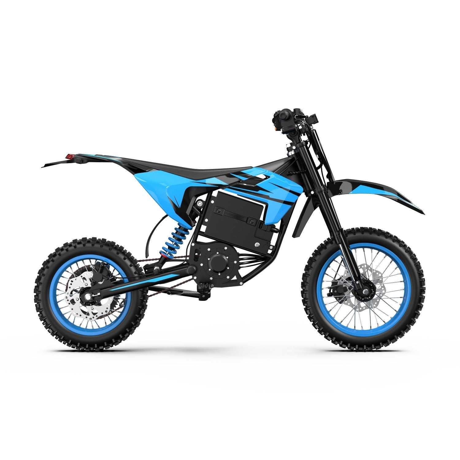Una motocicleta eléctrica azul y negra con neumáticos de taco y llantas azules.