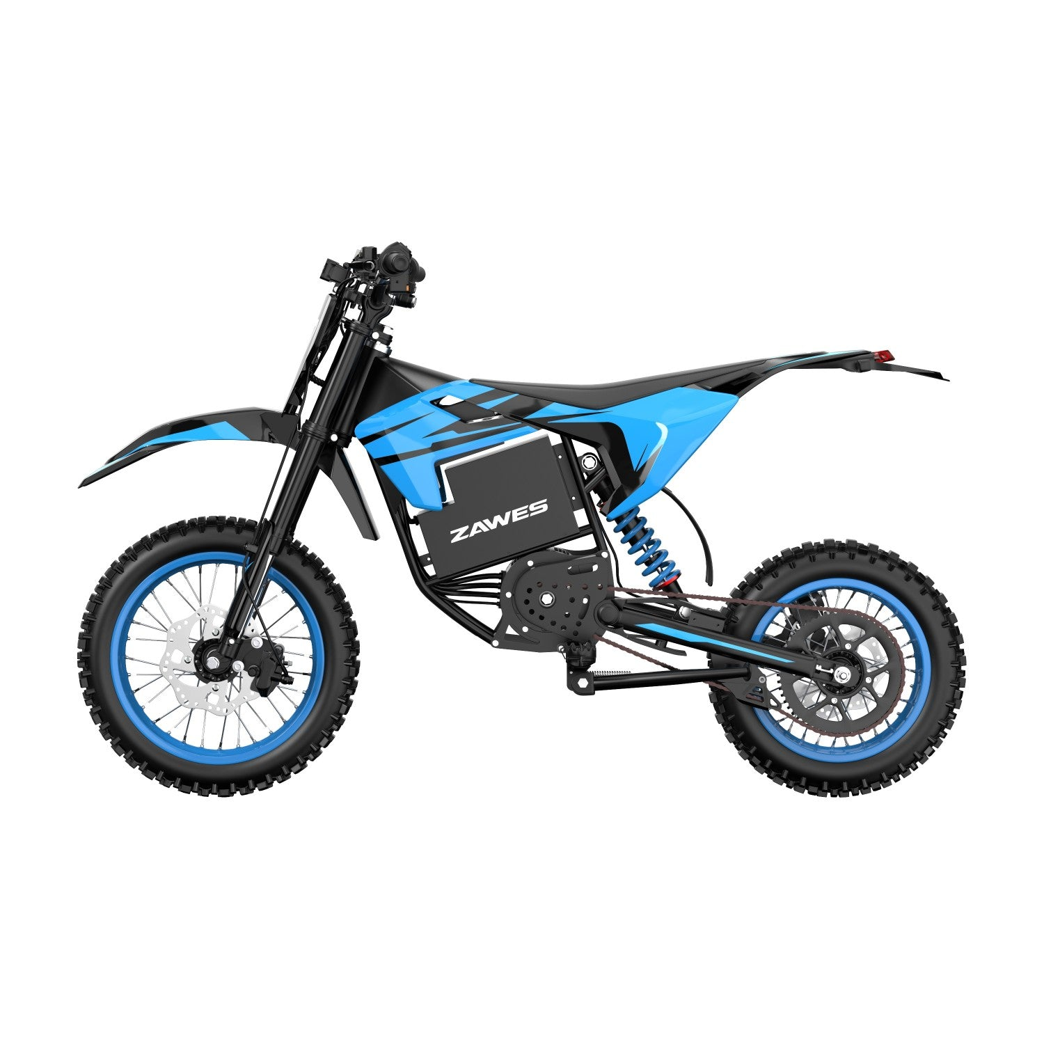 Una moto de cross eléctrica azul y negra con neumáticos de tacos, sobre fondo blanco.
