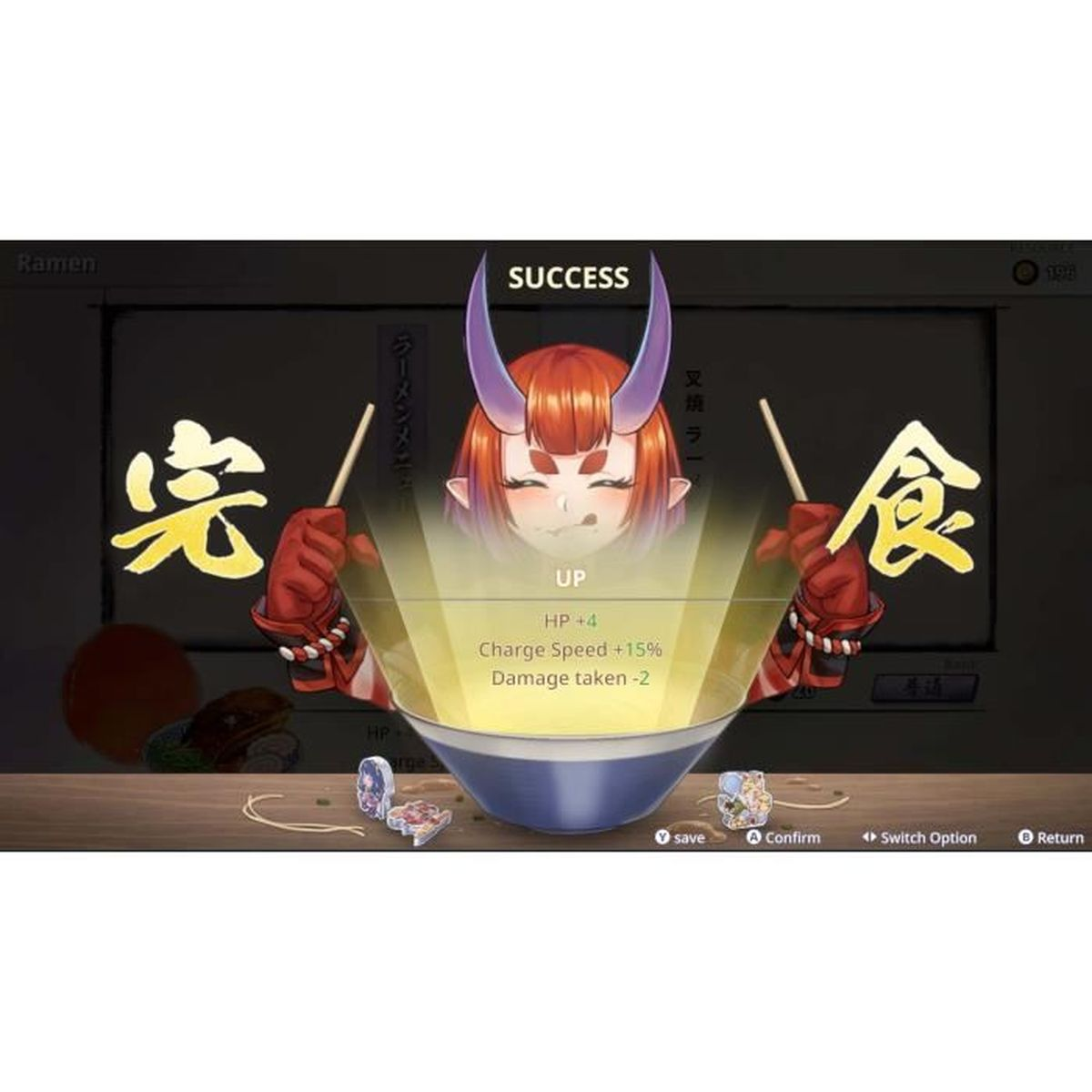 Schermata di successo del gioco di ramen, con personaggio anime, statistiche e menu.