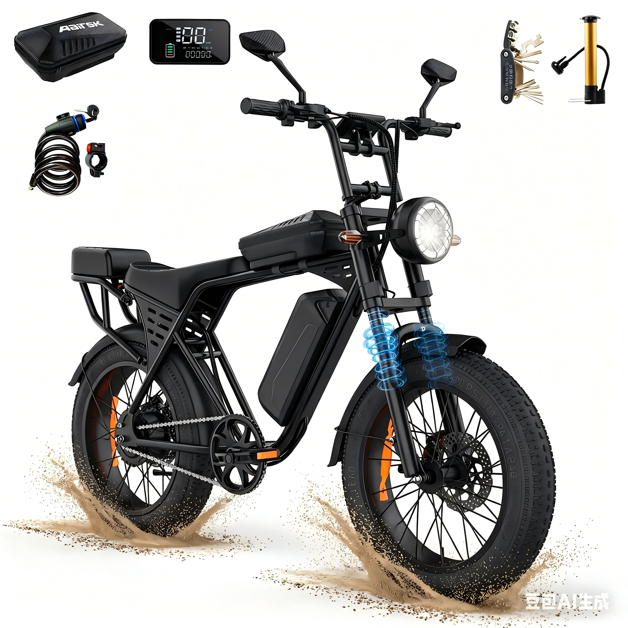 Schwarzes E-Bike mit Zubehör wie Schloss, Display, Werkzeug und Pumpe.