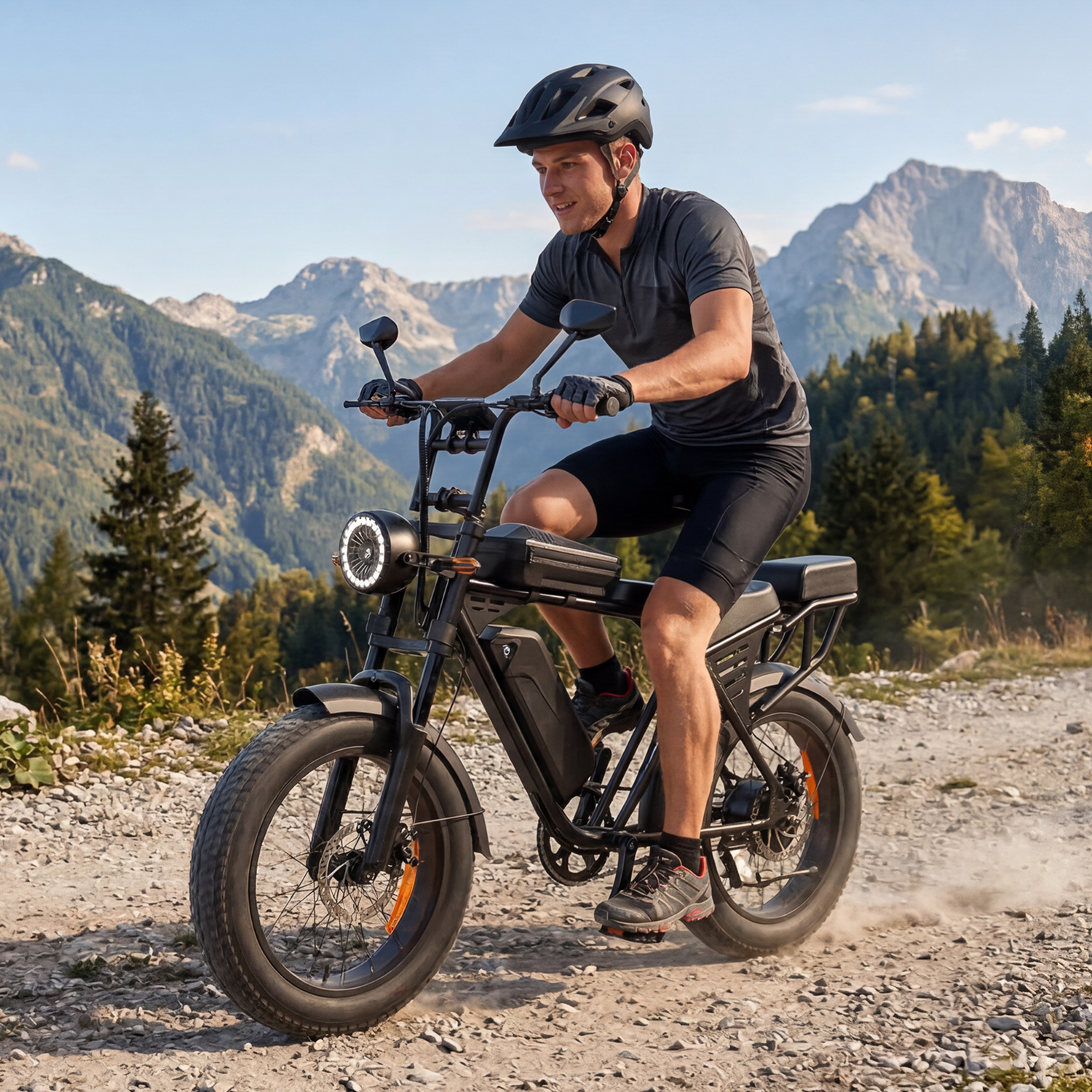 Mann fährt schwarzes E-Bike auf staubigem Bergpfad mit Bäumen und Bergen.