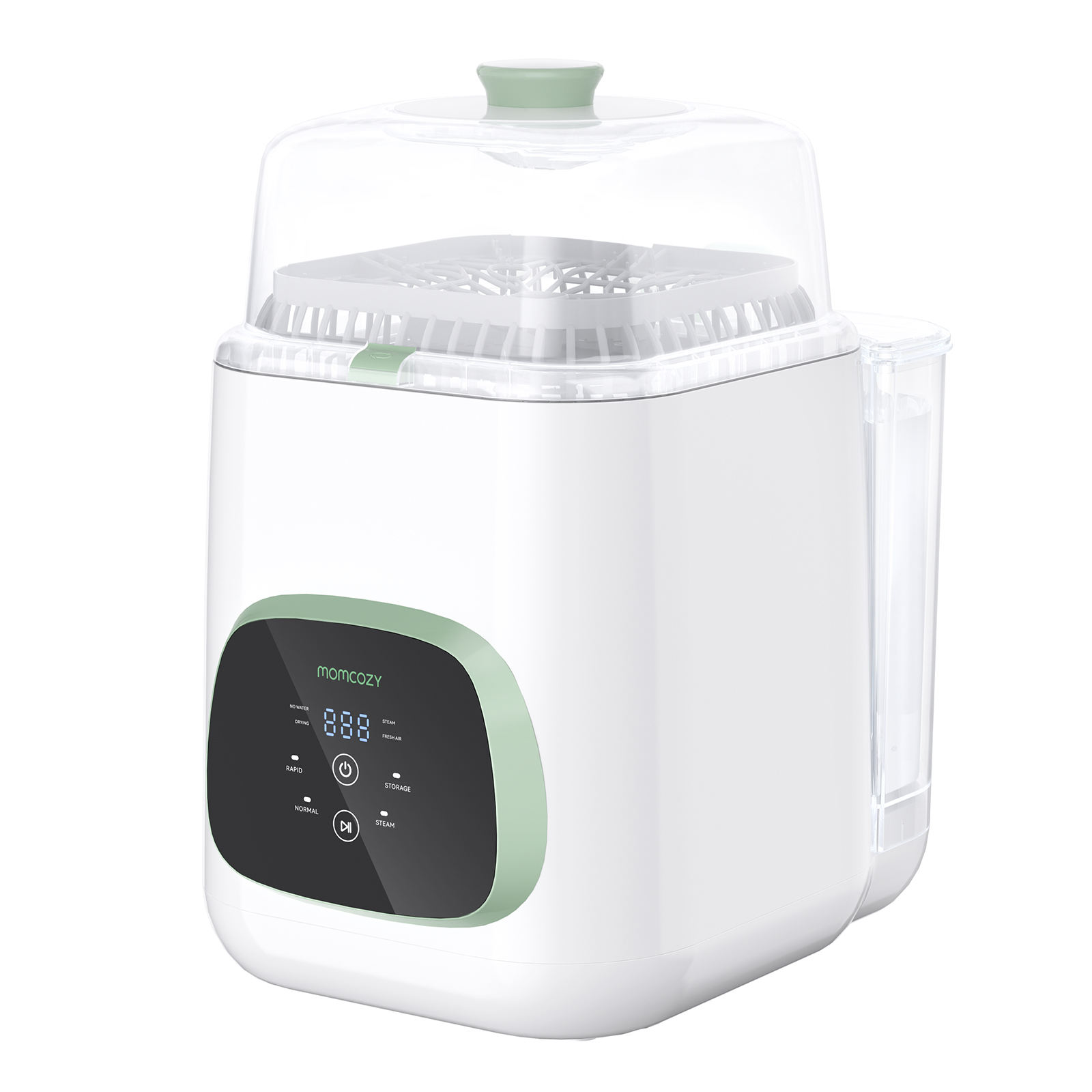 Ein weißer Dampfsterilisator mit grünem Deckel und Bedienfeld, mit Wasserbehälter.