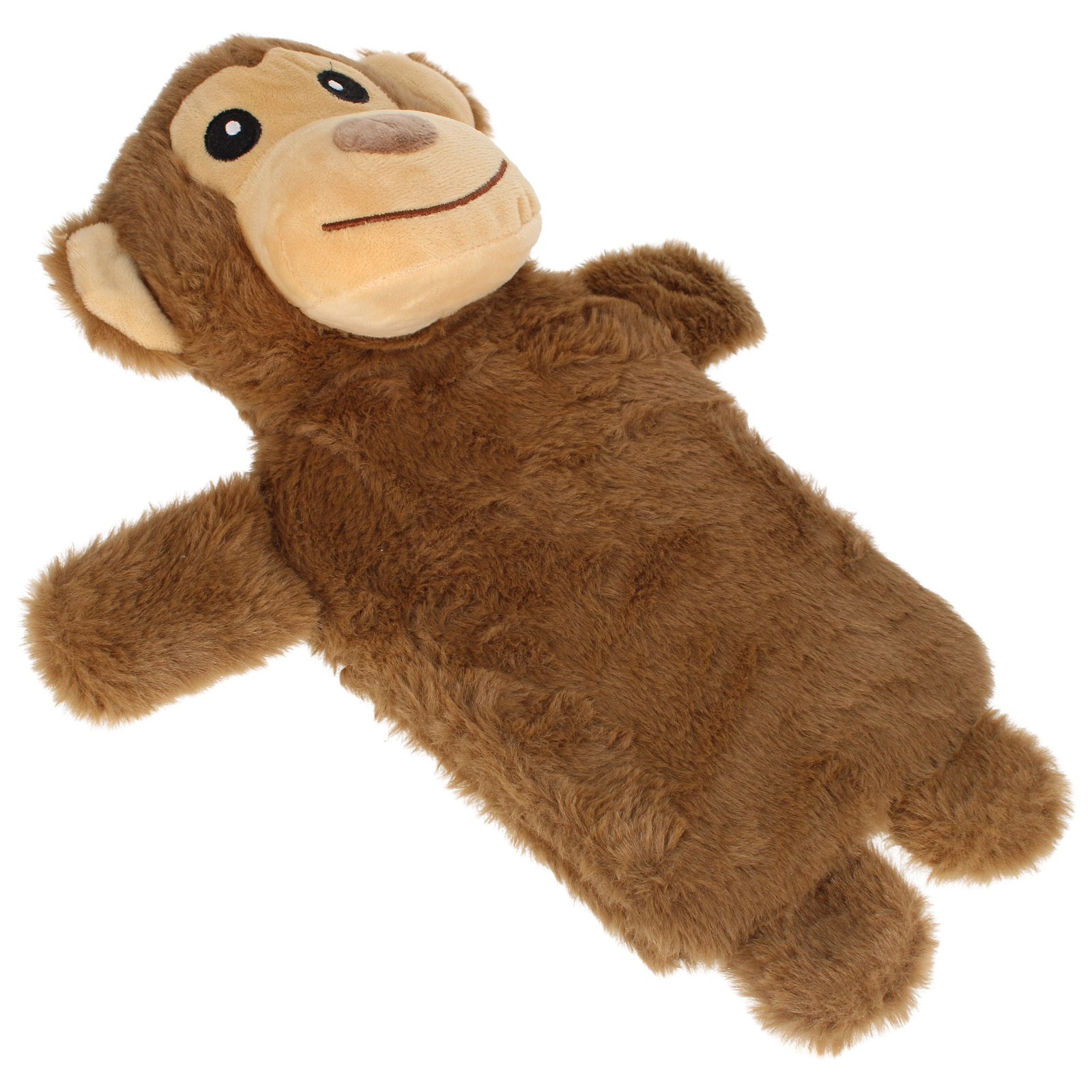 Scimmia di peluche marrone con viso marrone chiaro e sorriso ricamato.