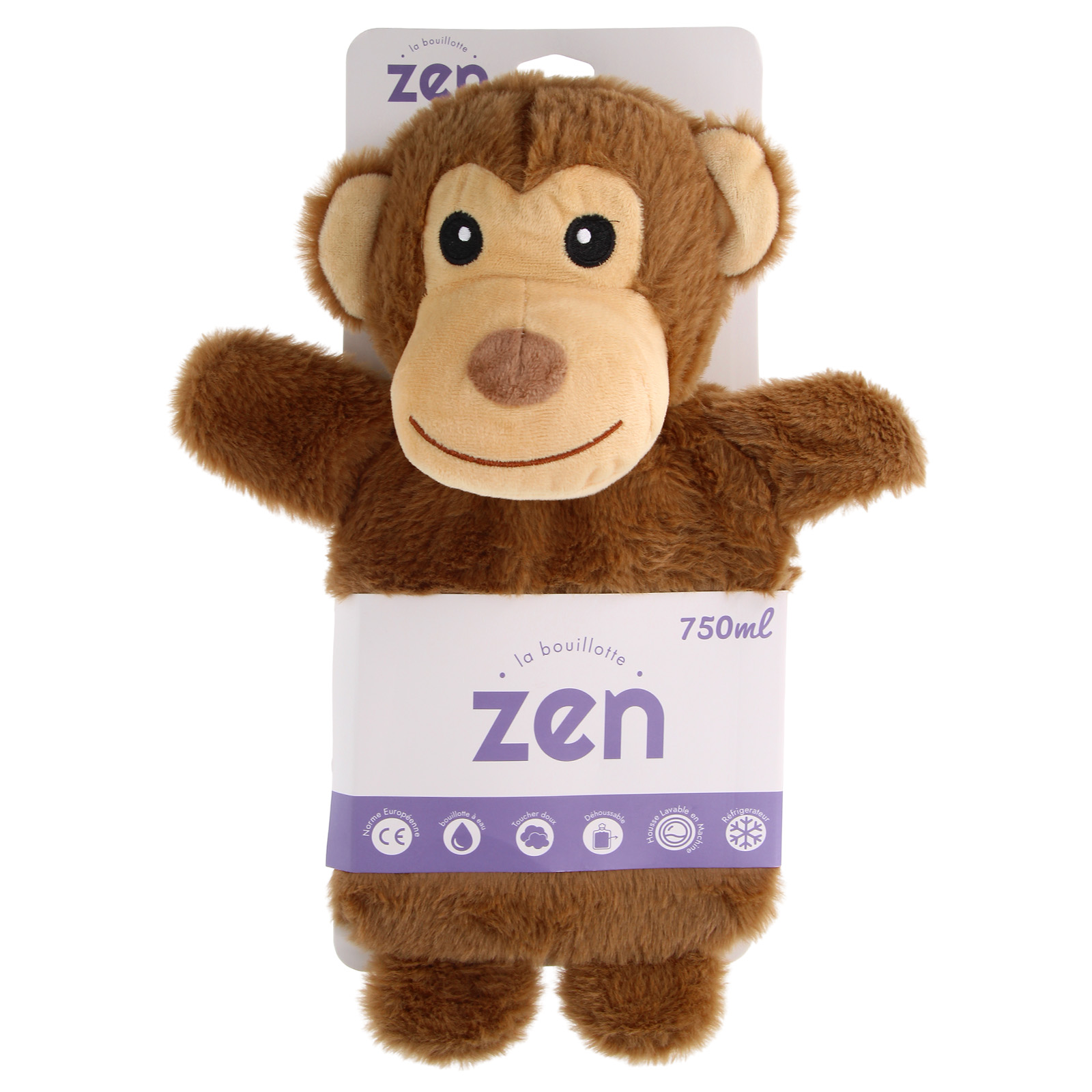 Una scimmia di peluche marrone con logo "zen" e indicazione "750ml".