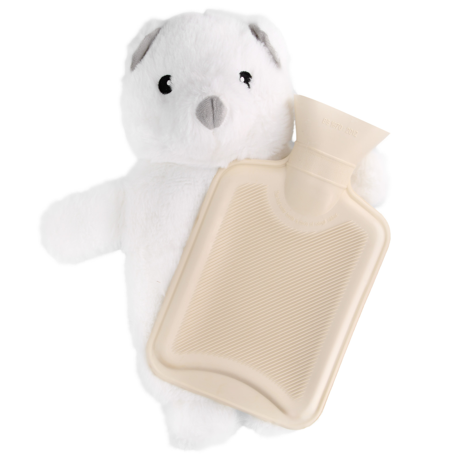 Un orsacchiotto bianco che tiene una borsa dell'acqua calda beige.