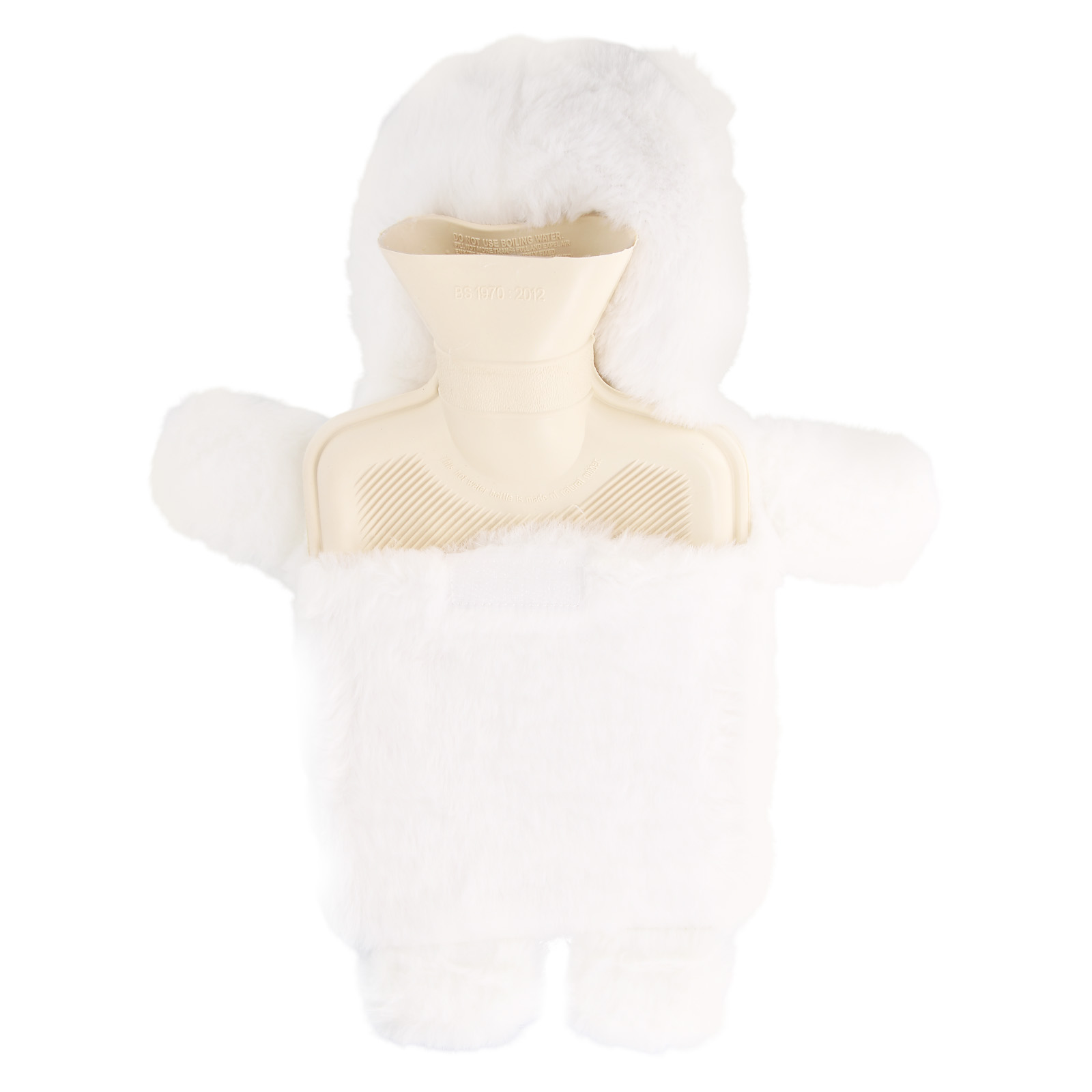 Una borsa dell'acqua calda in peluche bianco con orecchie e braccia.