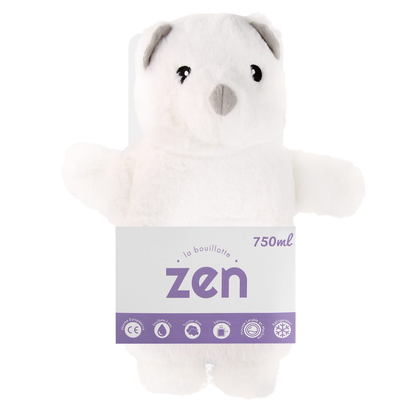 Copri-borsa dell'acqua calda a forma di orsetto bianco, con logo 'zen'.