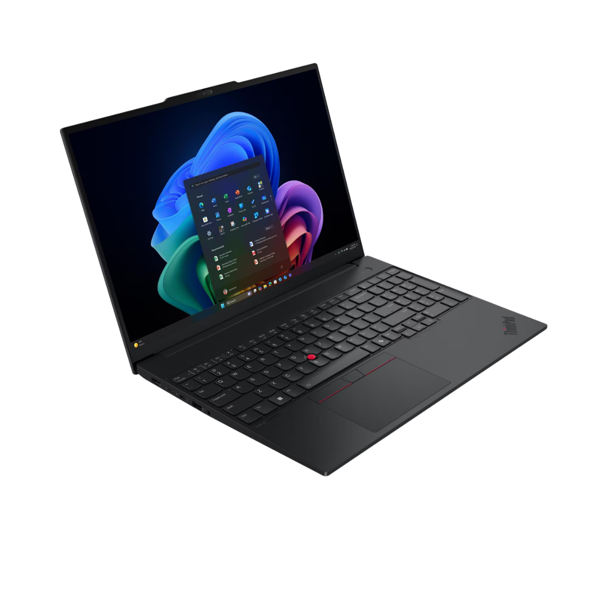 ThinkPad logolu siyah dizüstü bilgisayar, ekranda renkli duvar kağıdı