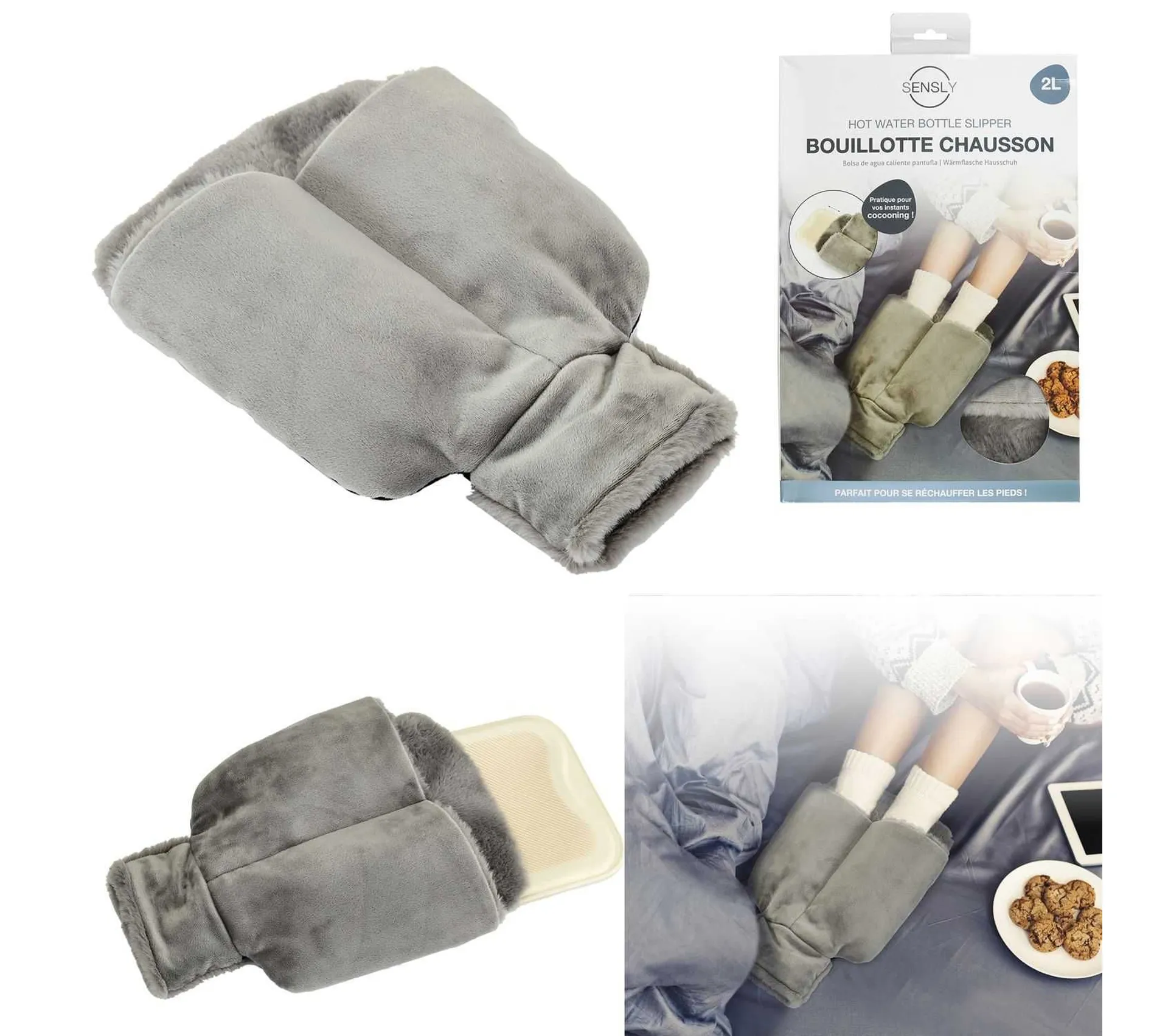 Pantofole grigie in peluche per borsa dell'acqua calda con bordo in pelliccia.