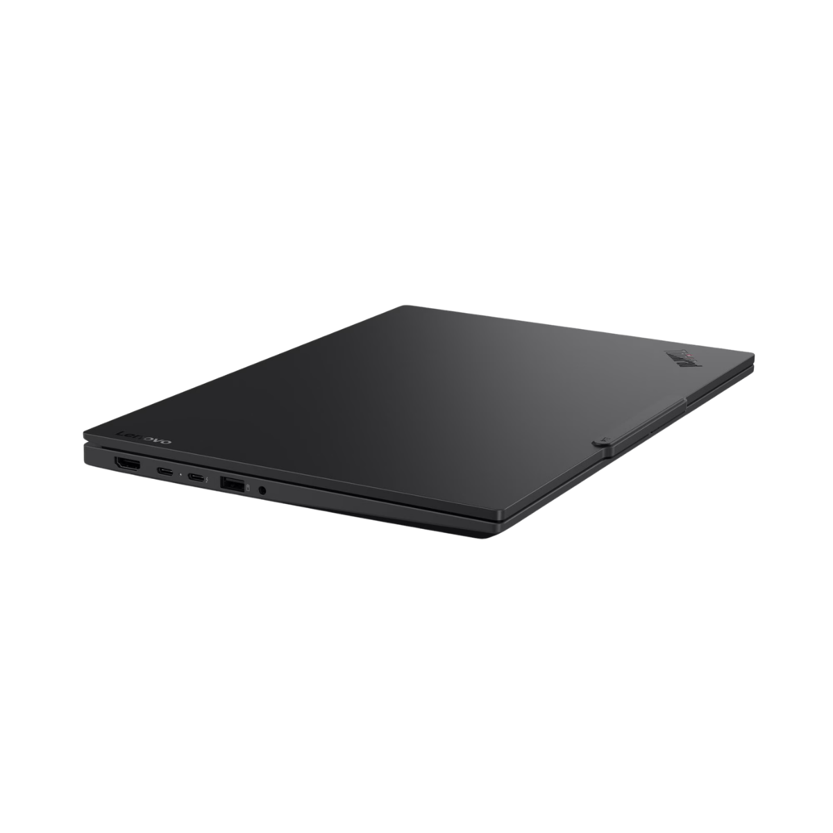 Kapalı siyah Lenovo ThinkPad dizüstü bilgisayarın yandan görünümü, portlar görünür.