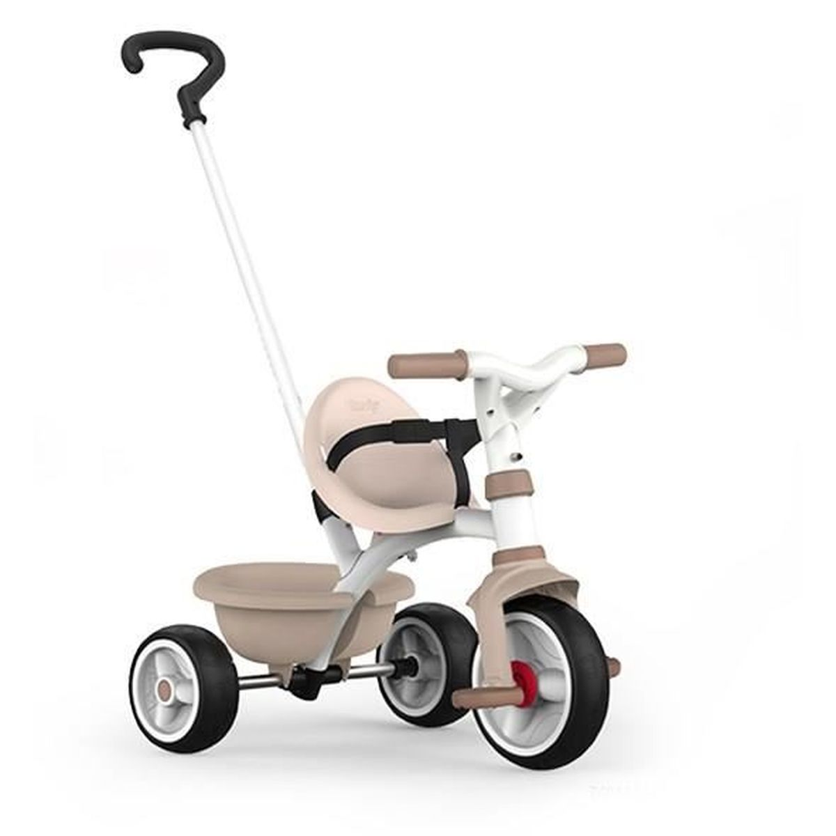 Un passeggino triciclo beige con sedile, maniglione e poggiapiedi.