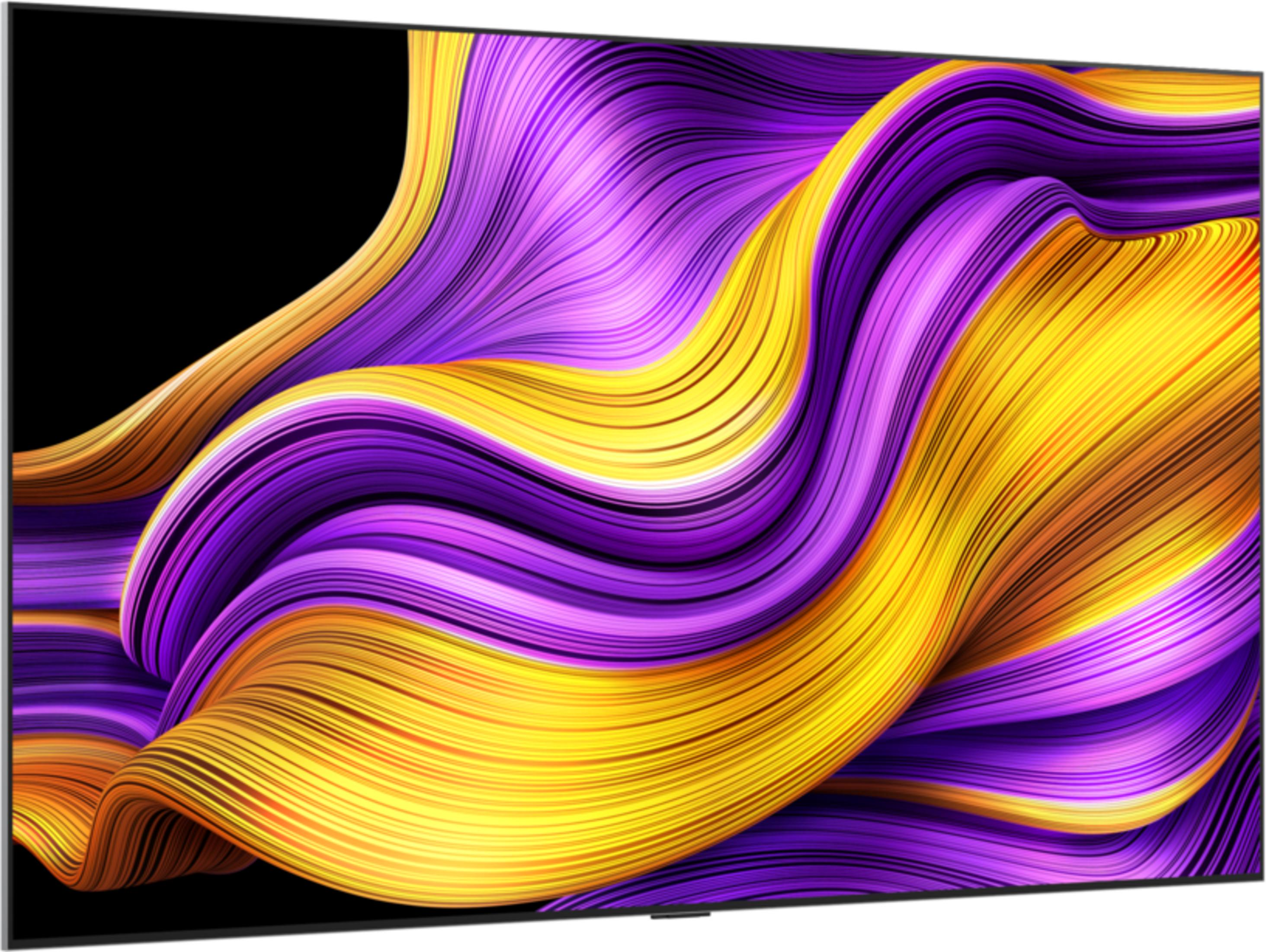 Vagues abstraites violettes et jaunes sur fond noir.
