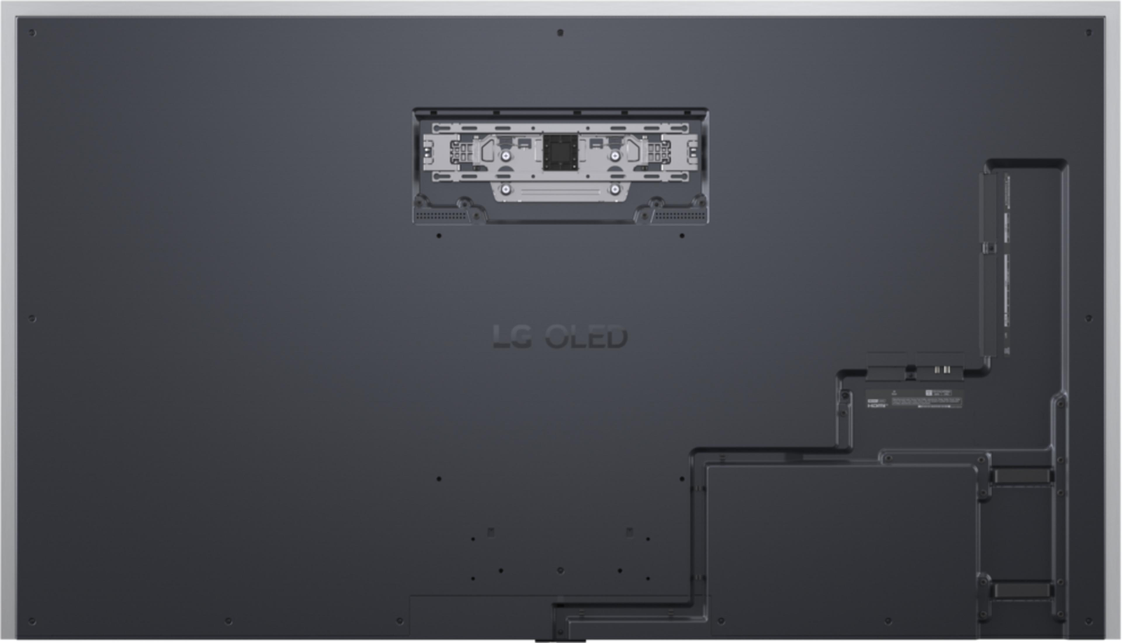 Arrière d'un téléviseur LG OLED sombre avec support de montage et ports visibles.