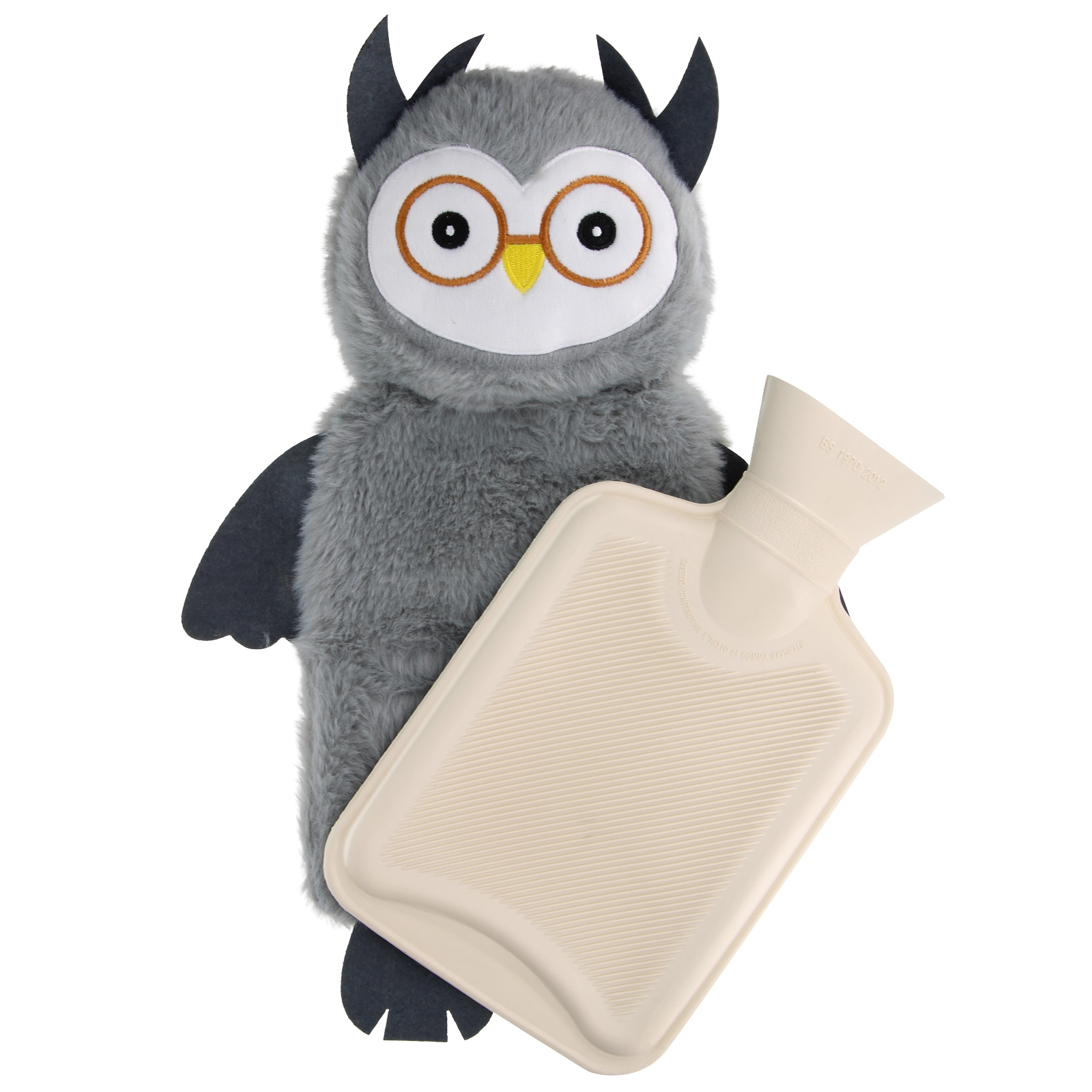 Copri borsa dell'acqua calda in peluche grigio a forma di gufo.