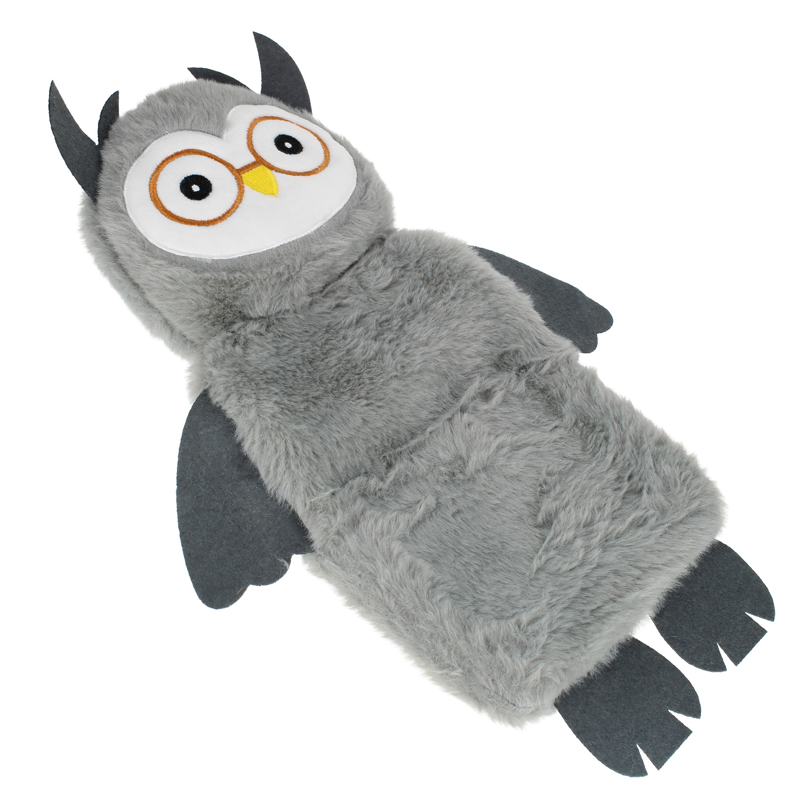 Cuscino gufo di peluche grigio con grandi occhi e ali.