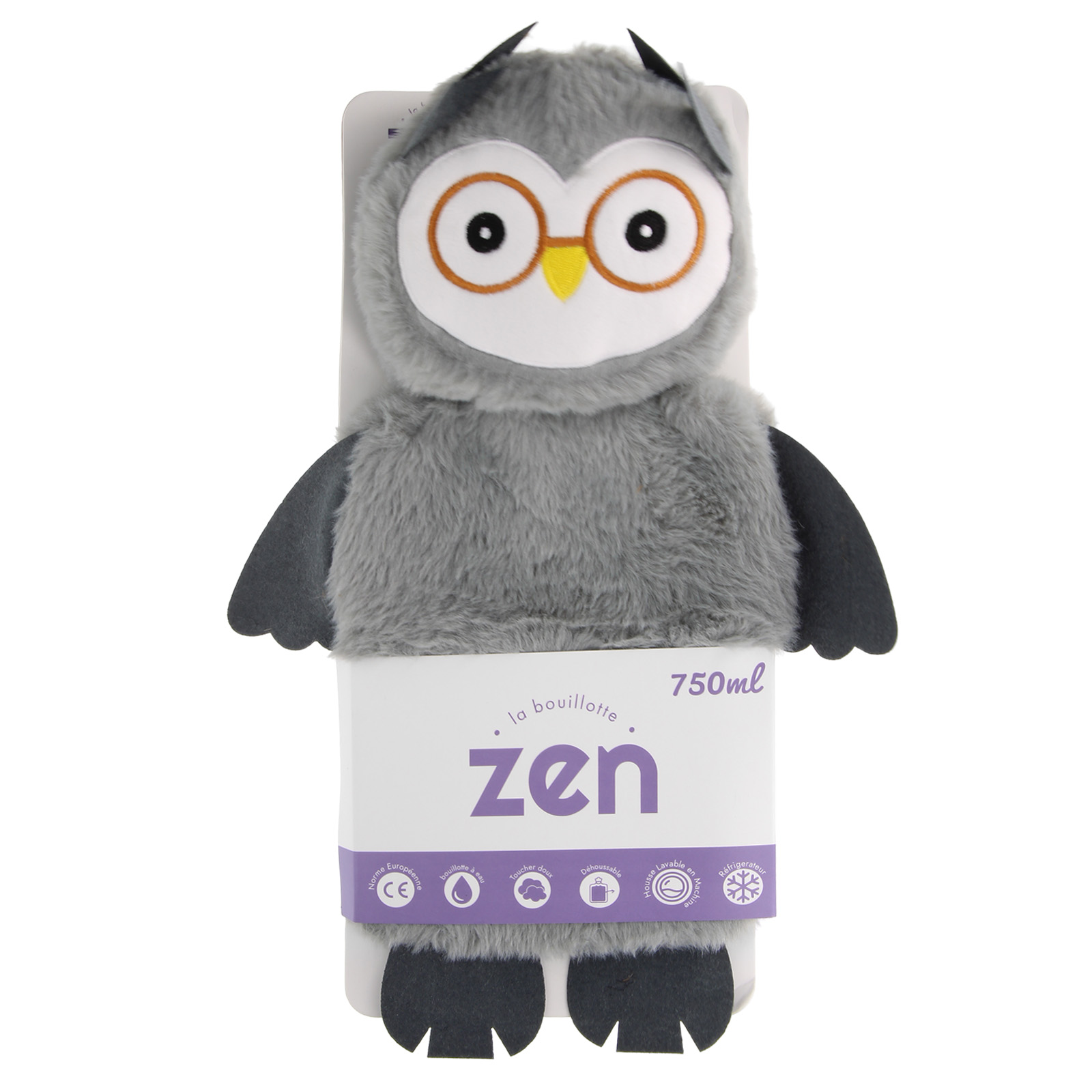 Copri borsa dell'acqua calda a forma di gufo in peluche grigio, occhi bianchi.