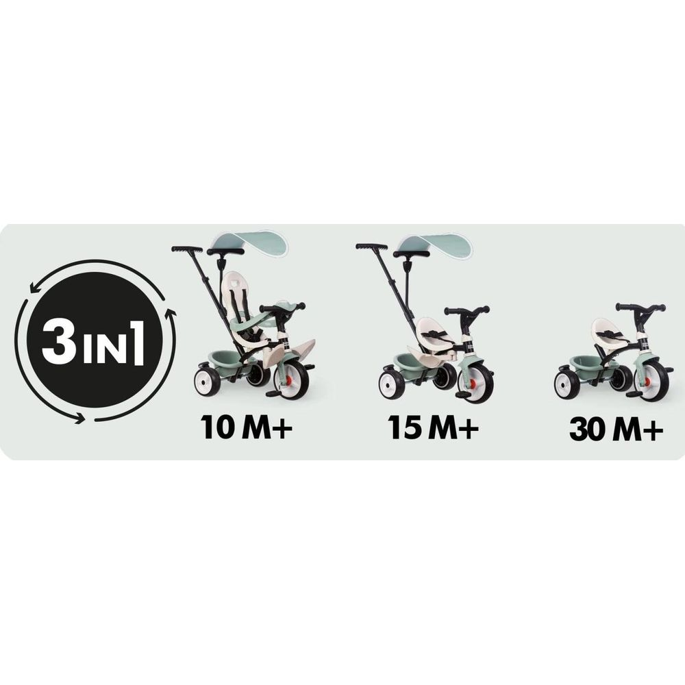 Tricicli in tre misure per diverse fasce d'età, da 10M+ a 30M+.