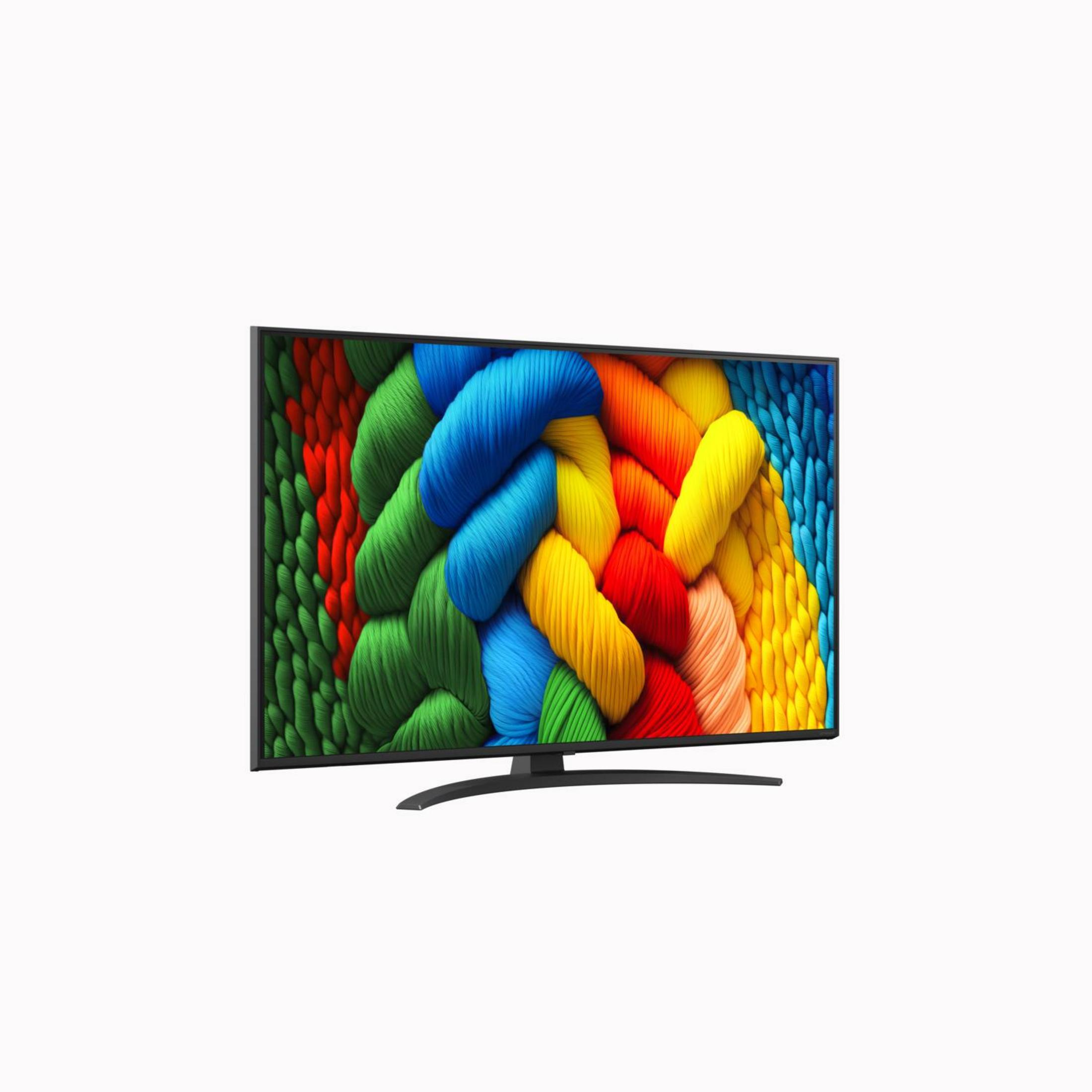 Nowoczesny zakrzywiony telewizor wyświetla żywą, wielokolorową przędzę.