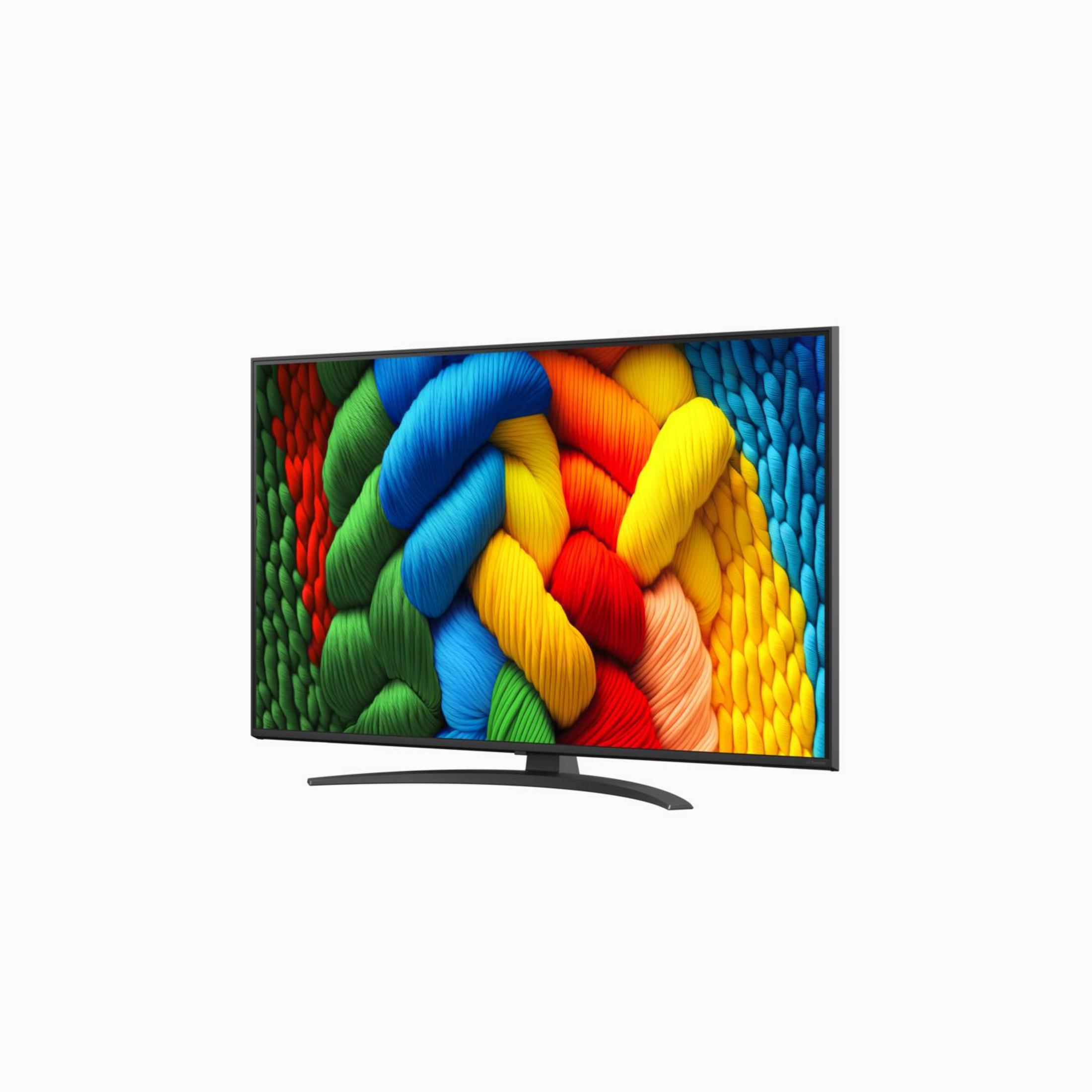 Nowoczesny telewizor z kolorowym, plecionym wzorem na ekranie.