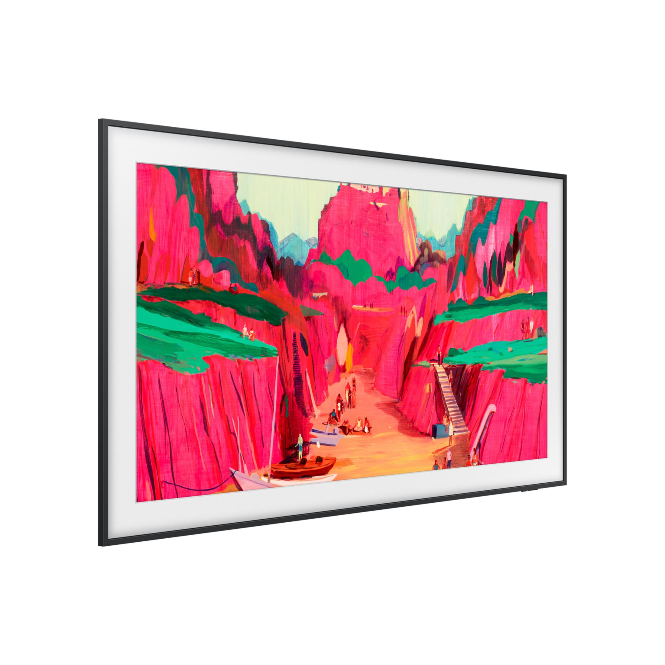Painting of a vibrant landscape with pink cliffs, green foliage, and small figures.
