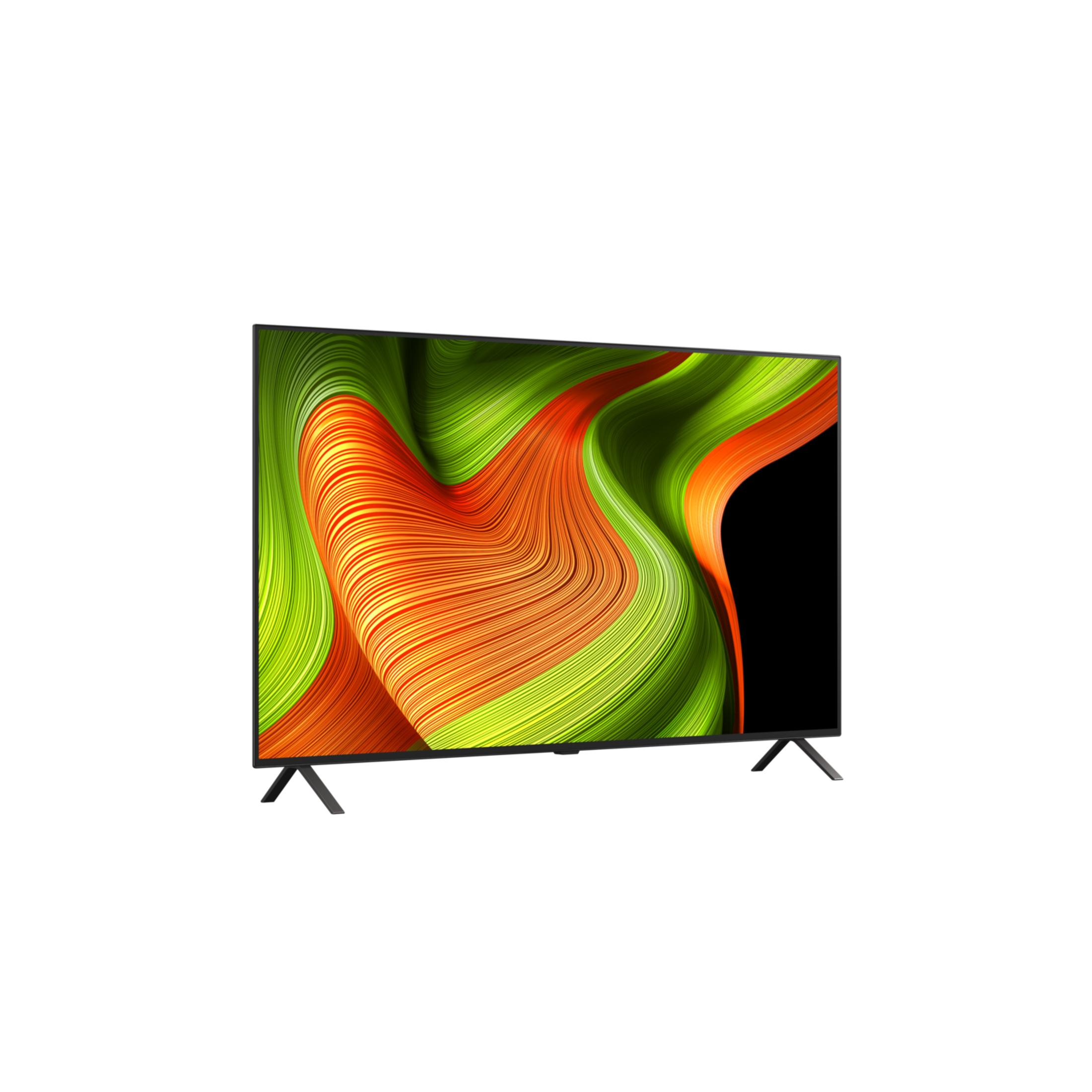 Un televisor moderno que muestra un patrón abstracto y ondulado en tonos verdes y naranjas.