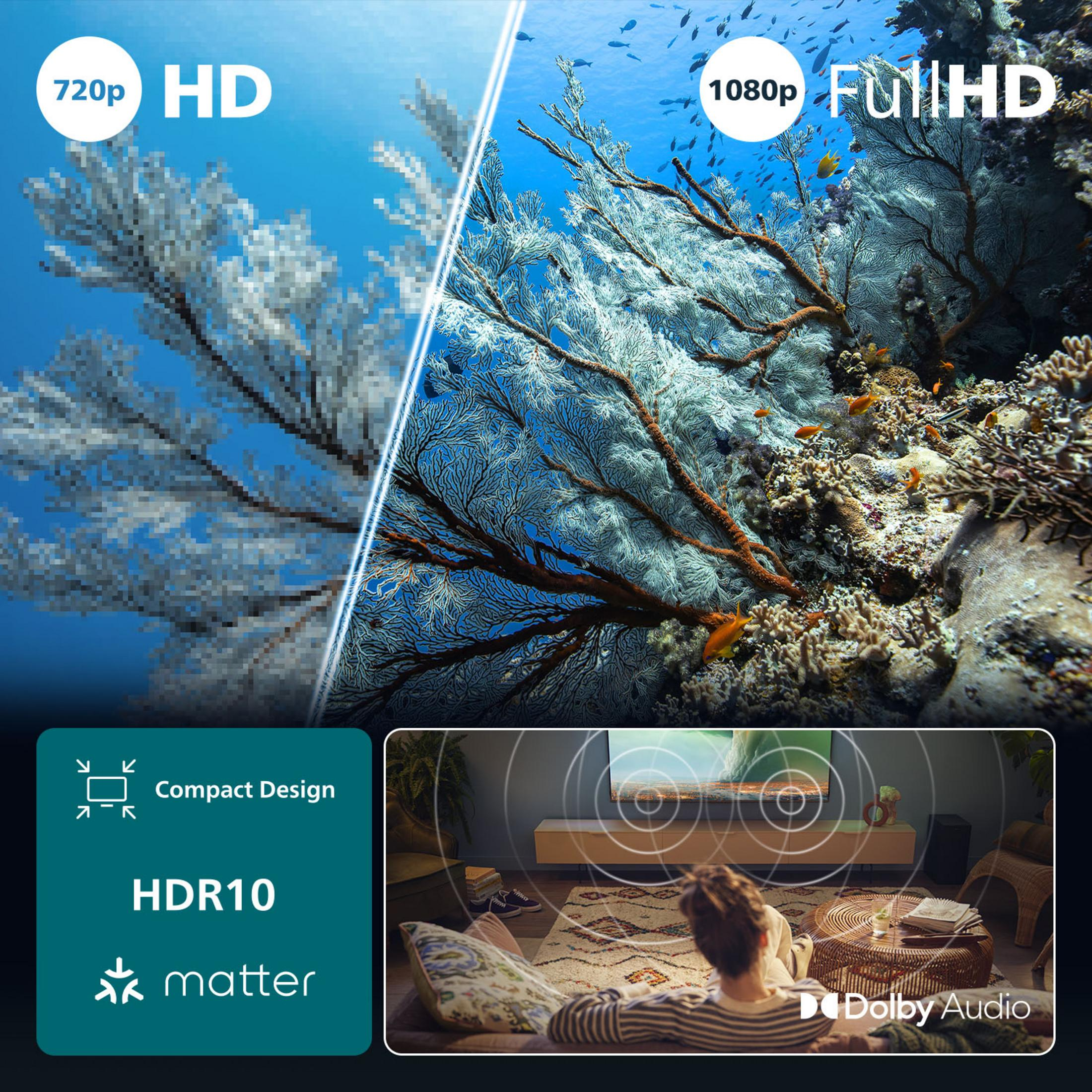 Podzielony ekran pokazuje podwodną rafę koralową 720p vs 1080p Full HD. Na dole cechy urządzenia.
