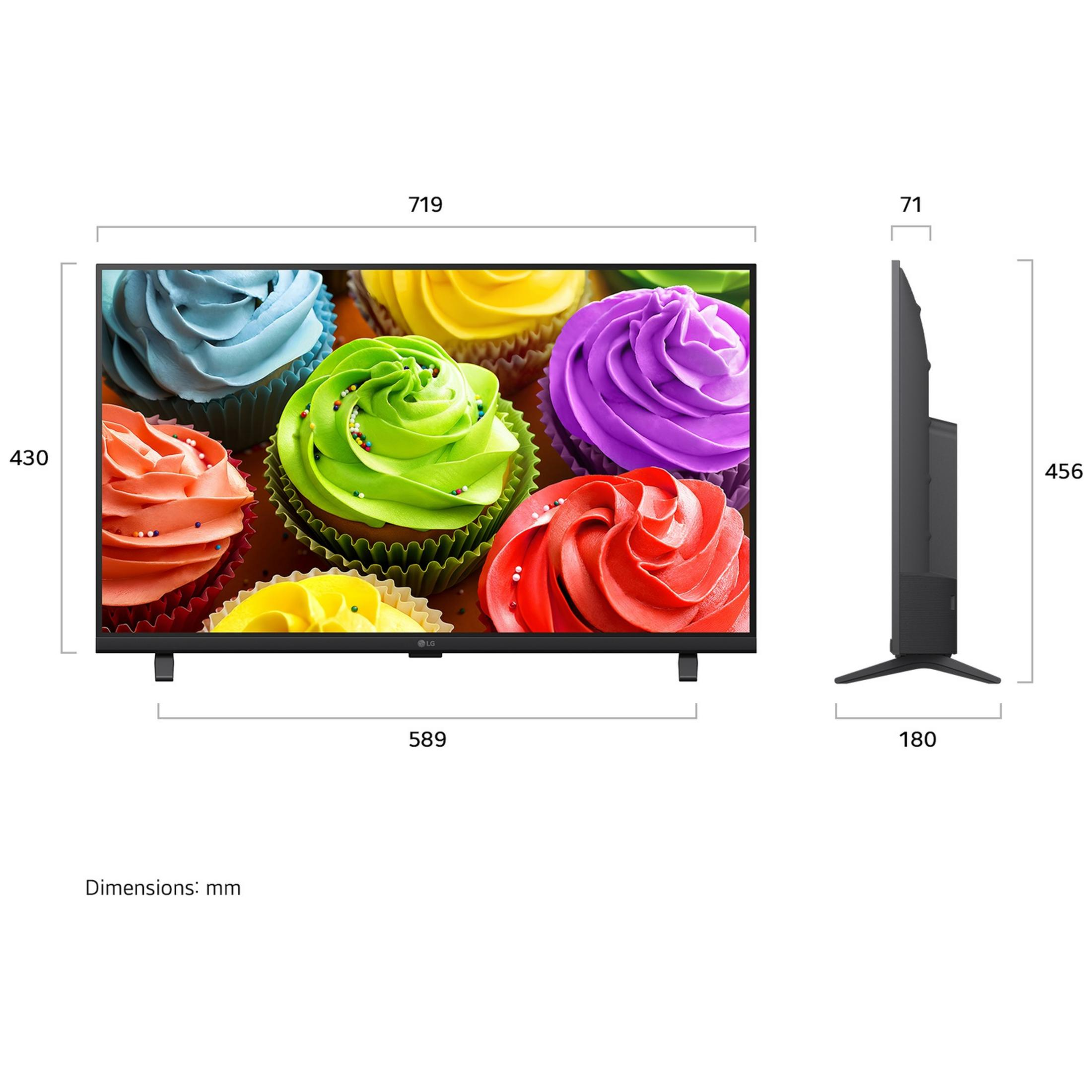 Telewizor LG wyświetlający kolorowe babeczki z podanymi wymiarami.