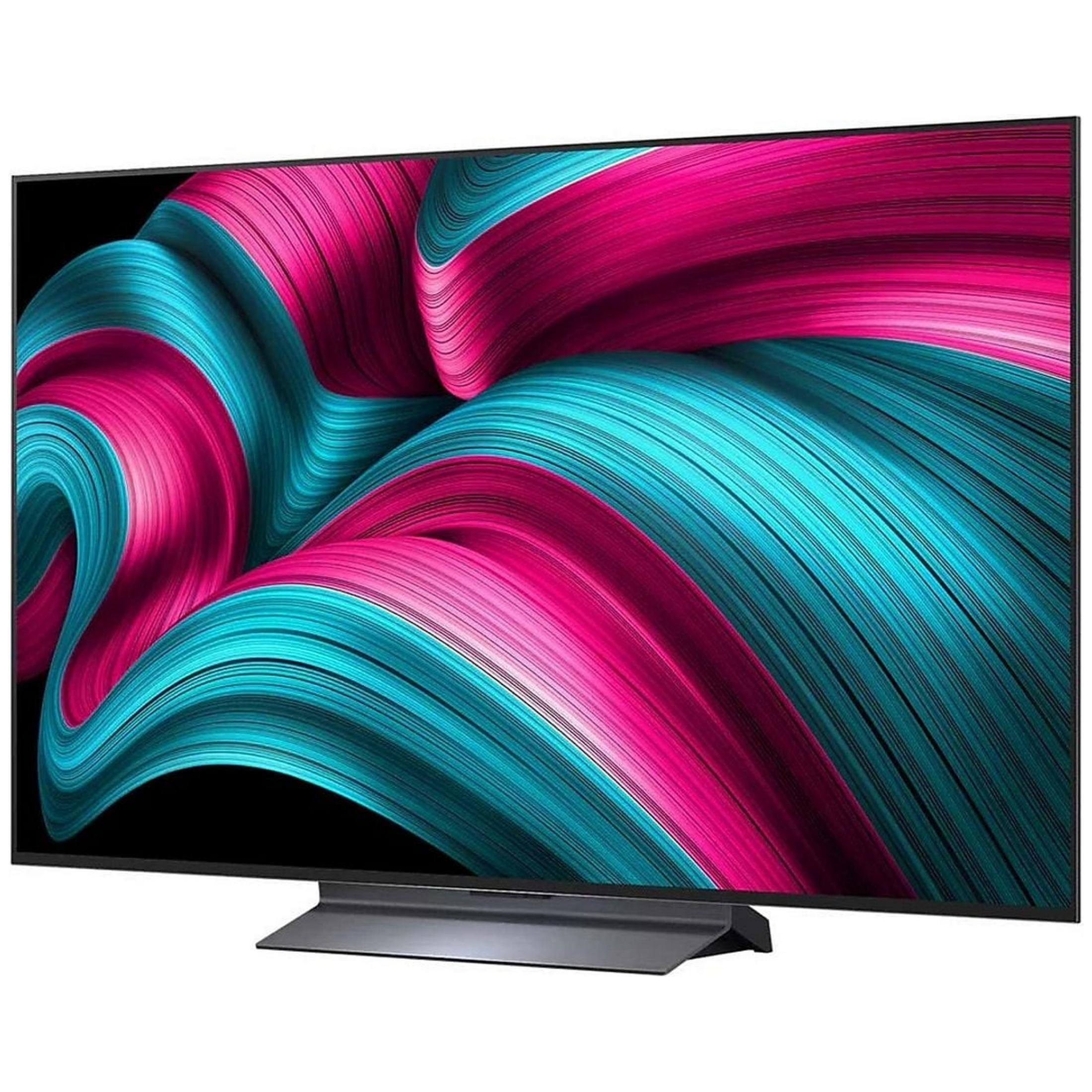 Nowoczesny telewizor na eleganckim stojaku wyświetla abstrakcyjny wzór różowych i turkusowych wirów.