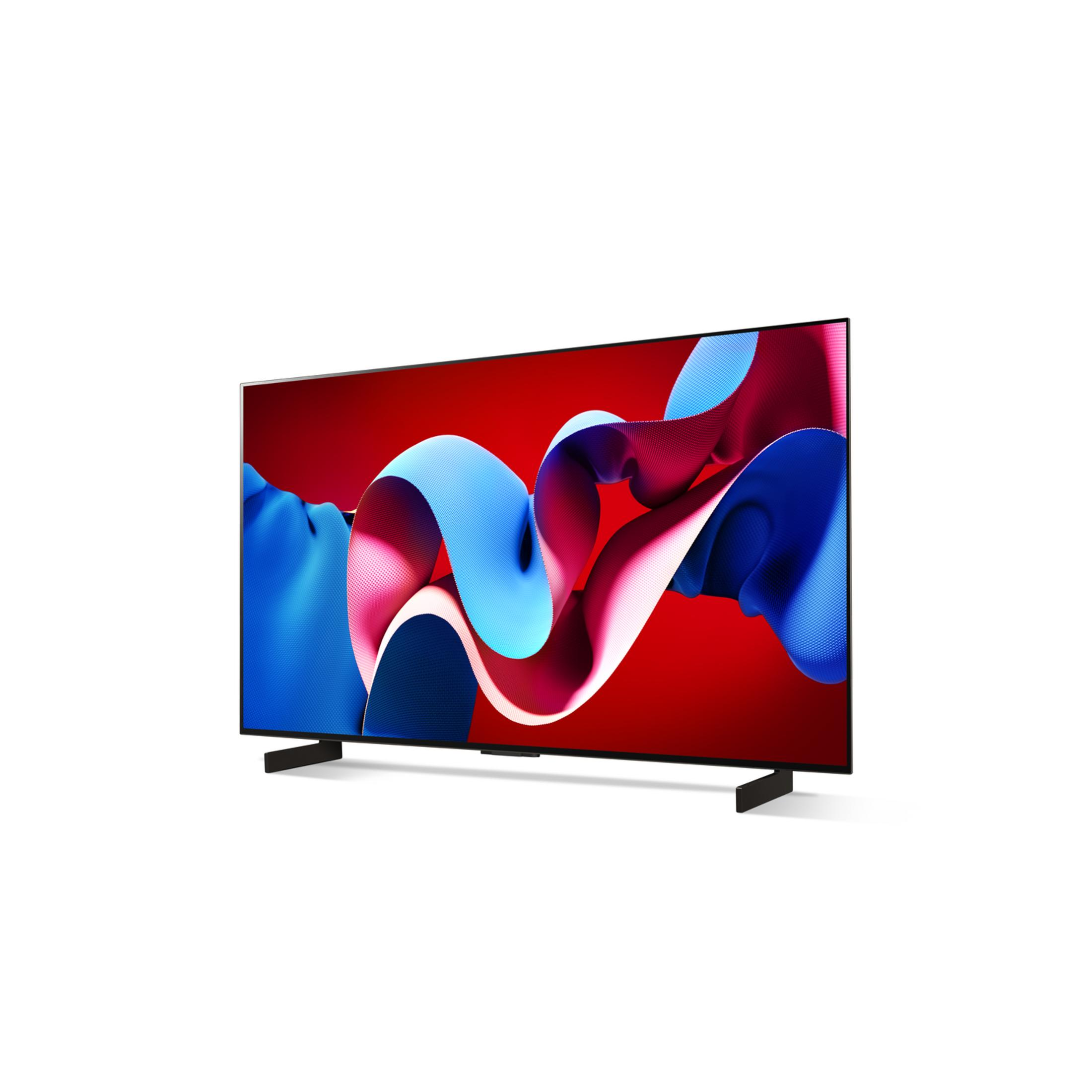 Een moderne televisie met een kleurrijke, abstracte achtergrond op het scherm.