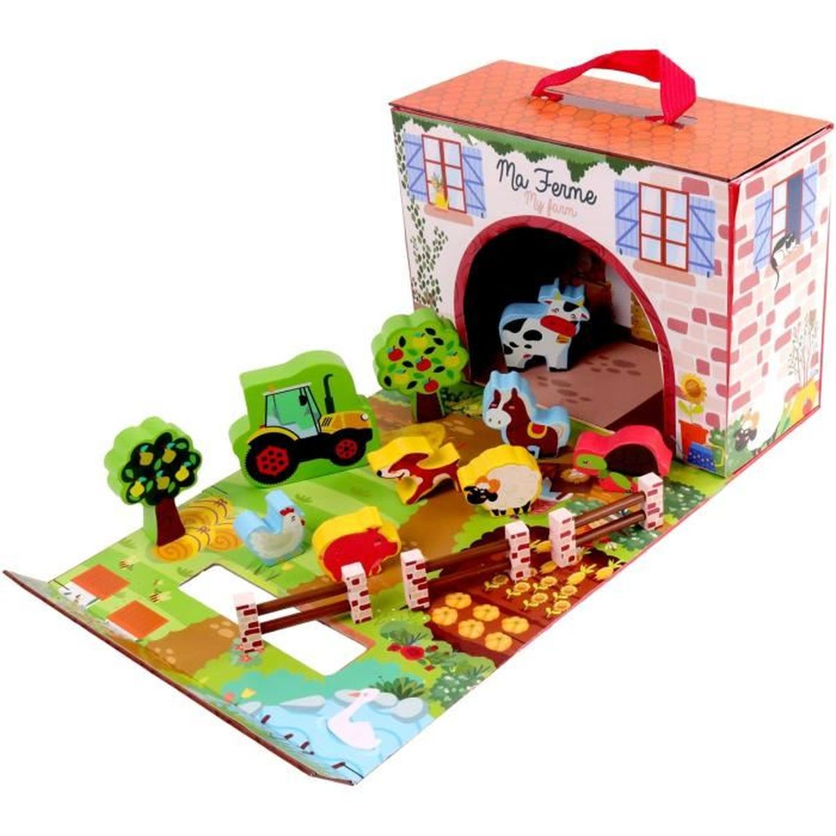 Juego de granja de madera con tractor, animales y granero.