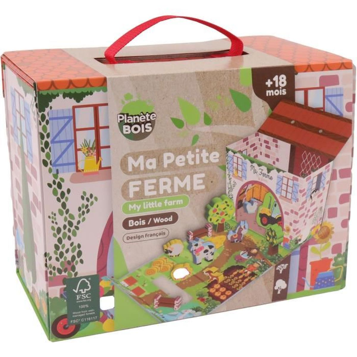 Embalaje de juguete de madera "Ma Petite FERME" con temática de granja y figuras.