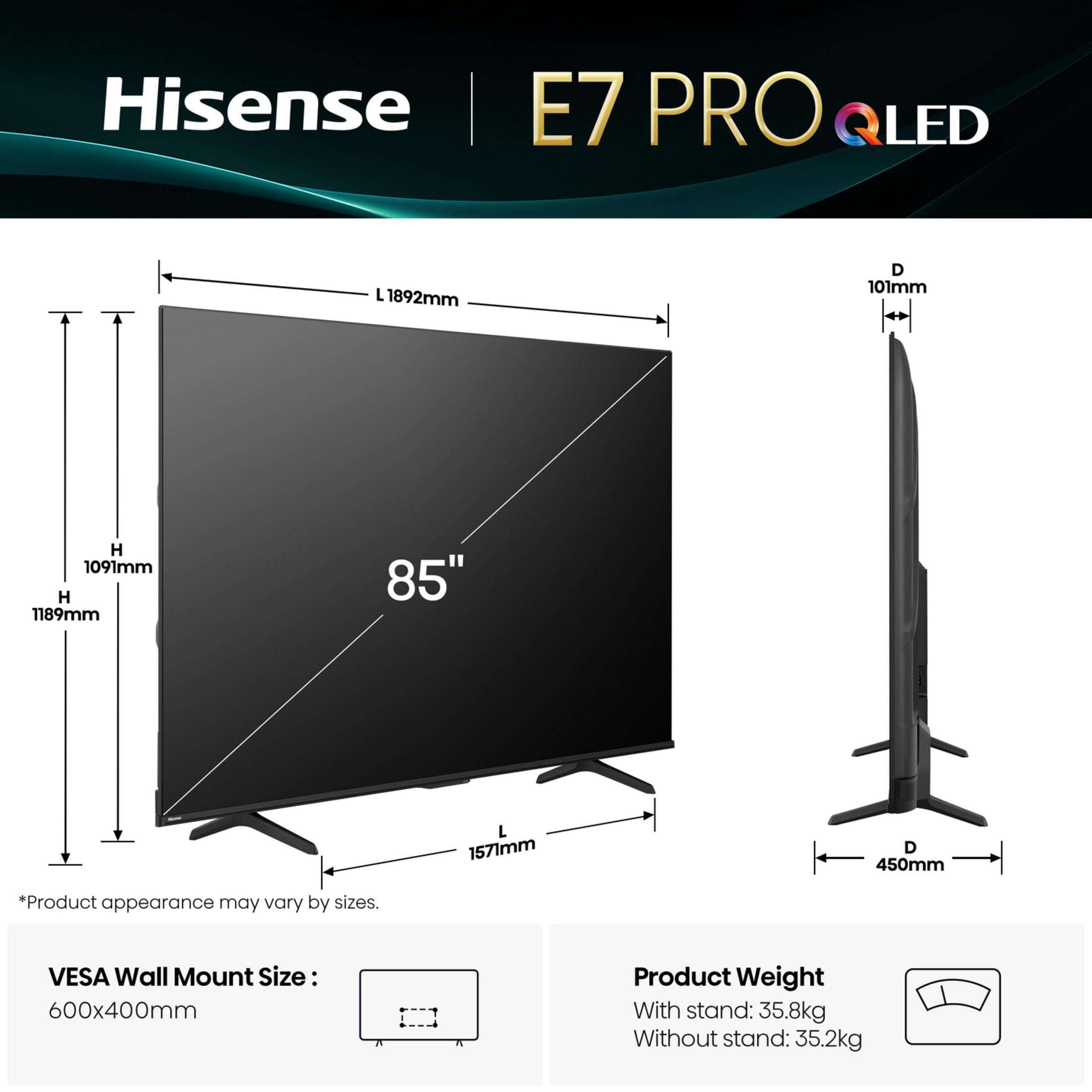 Telewizor Hisense E7 PRO QLED 85 cali z wymiarami, VESA i wagą.