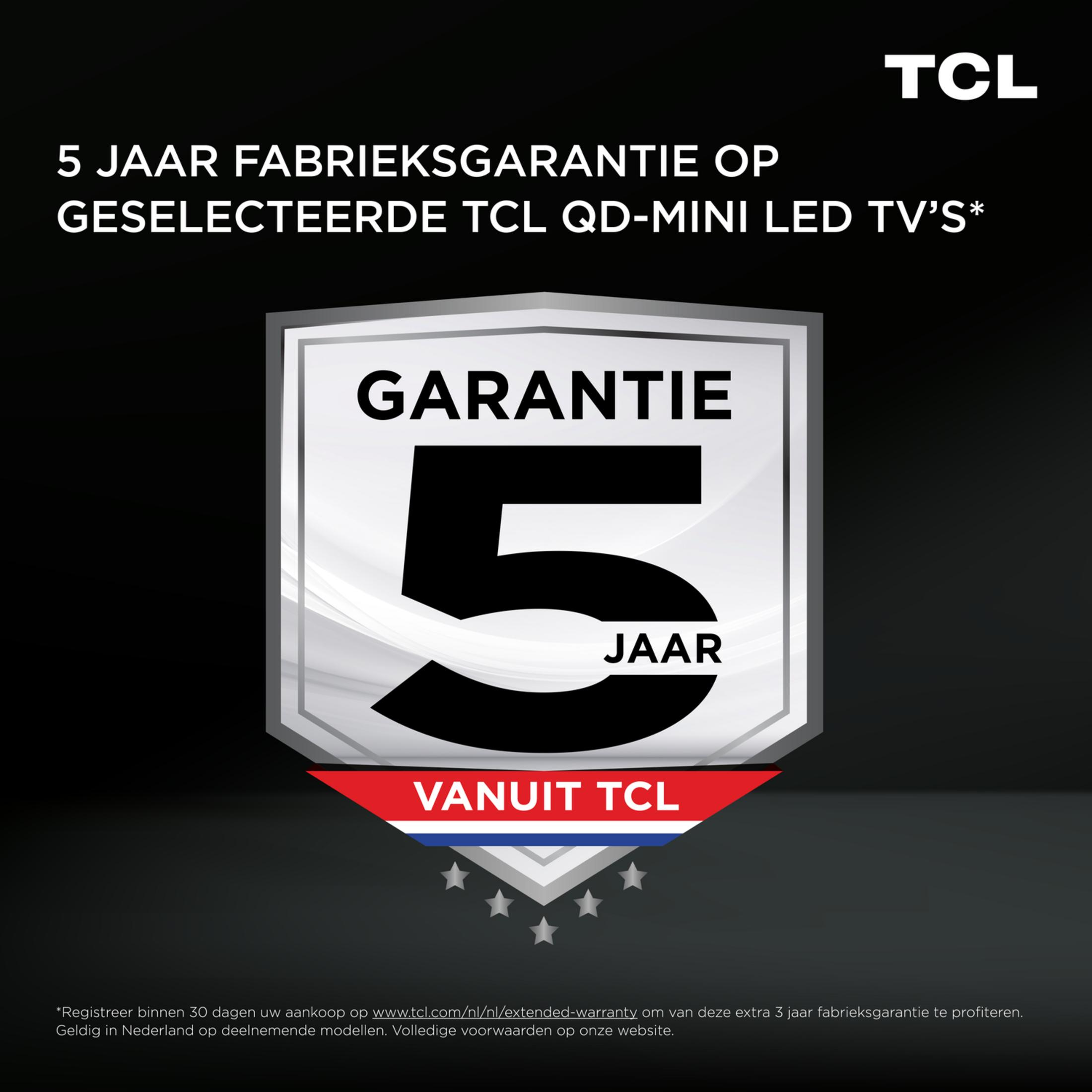 TCL logo with 5-year warranty on selected QD-Mini LED TVs.