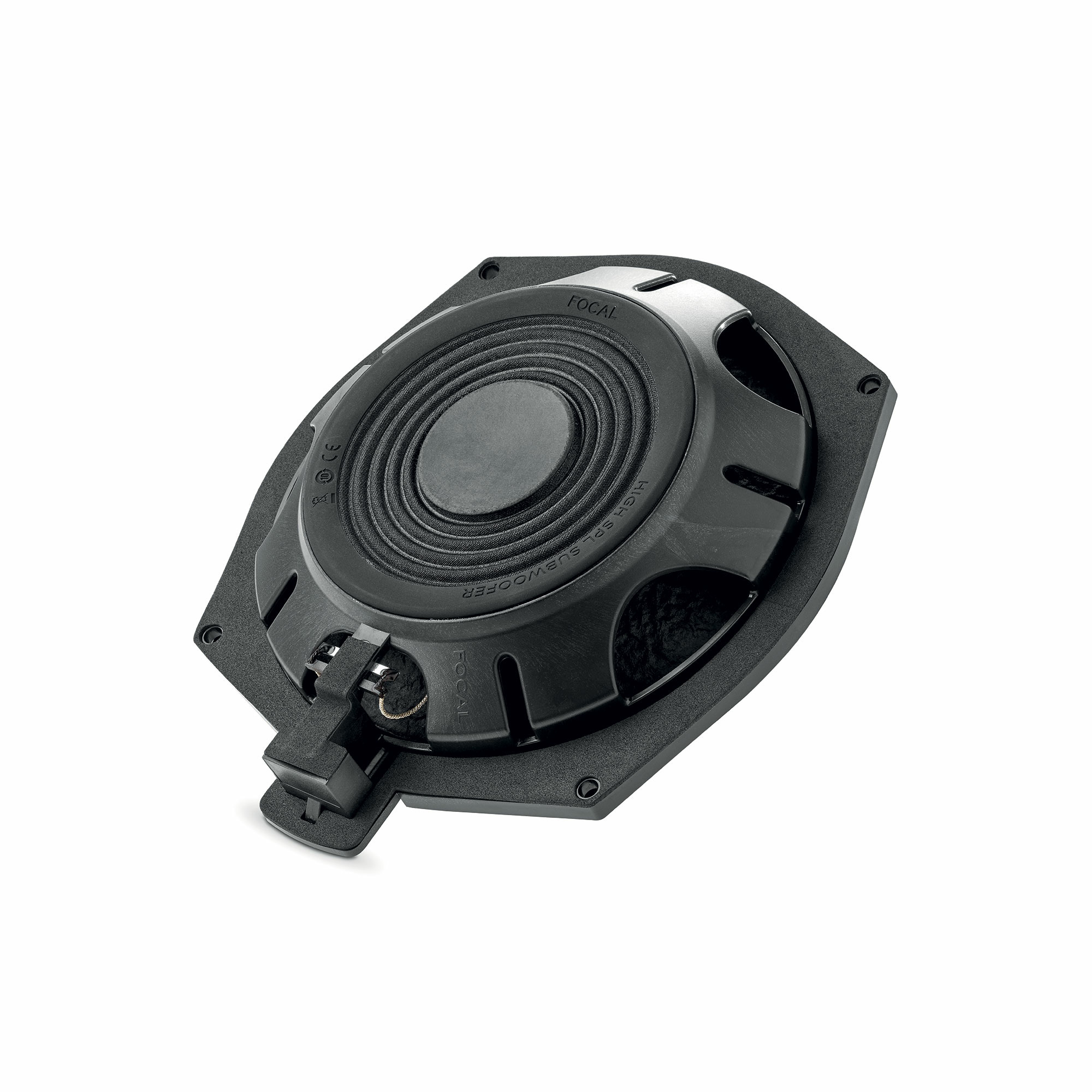 Ein schwarzer Focal Hoch-SPL-Subwoofer mit silbernen Akzenten auf weißem Hintergrund.
