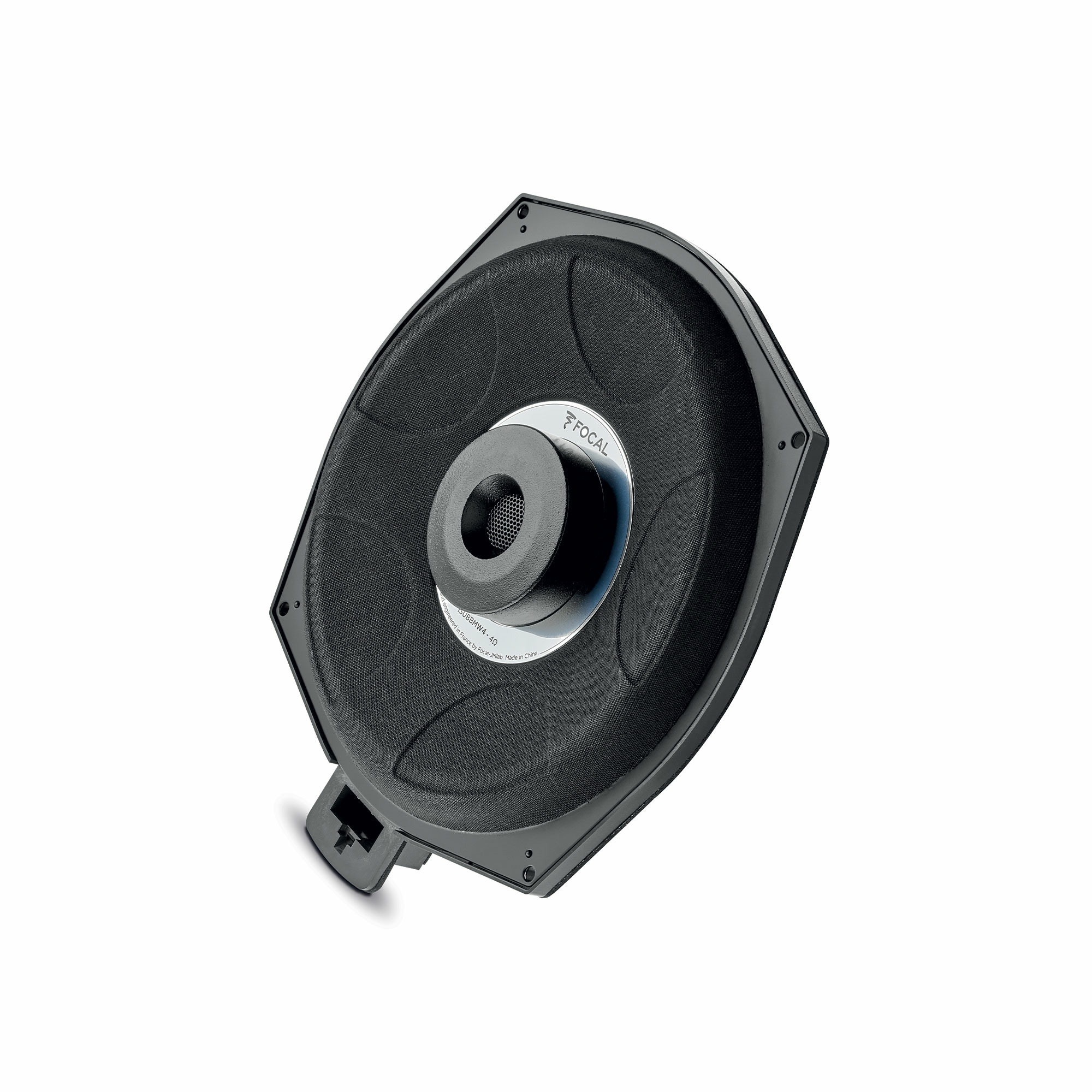 Schwarzer, flacher Subwoofer mit silbernem Focal-Logo in der Mitte.